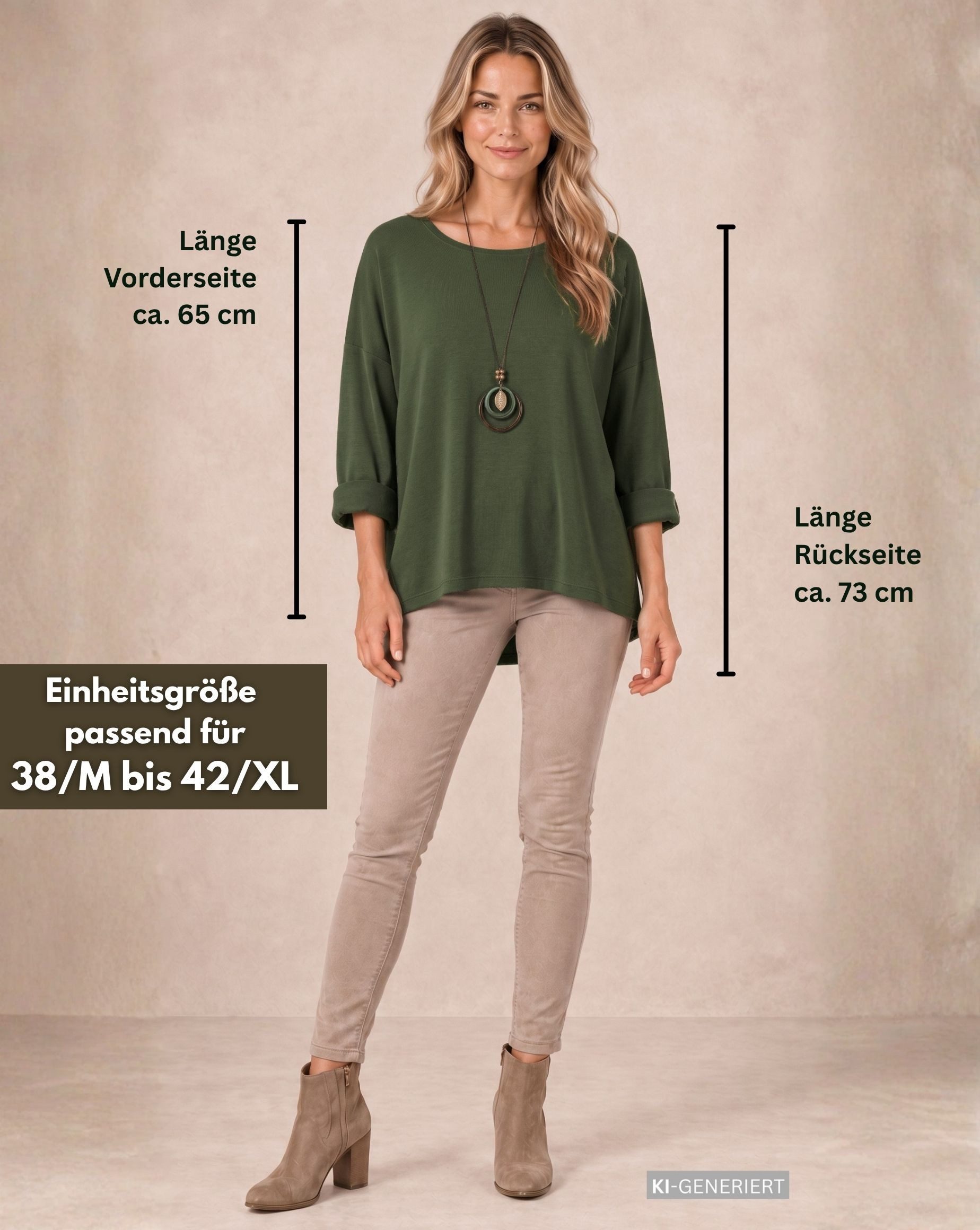 dy_mode Longshirt Damen Longshirt Oversize Weites Tunika Shirt Oberteil Übergangszeit in Unifarbe, mit passende Kette – Bild 3 von 4