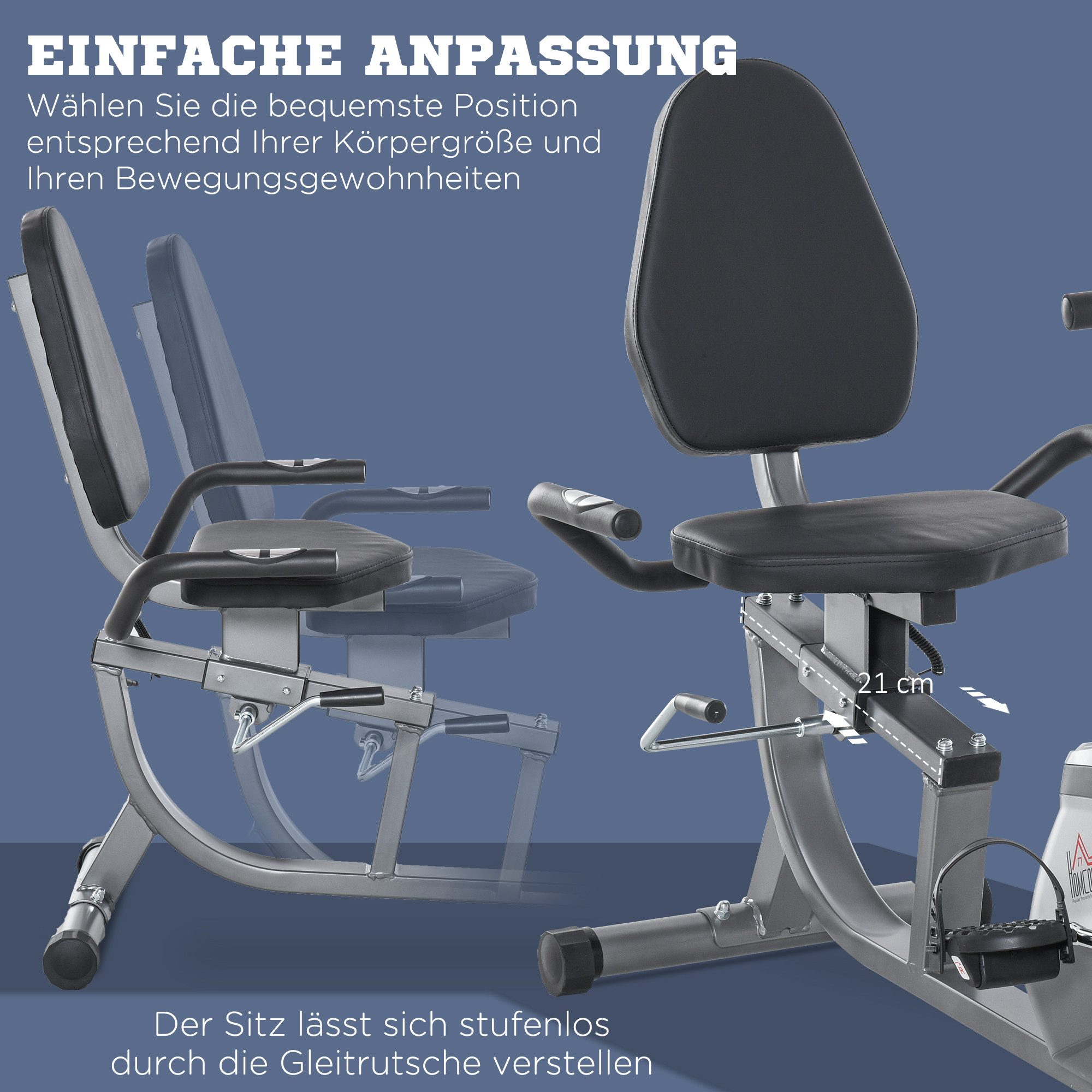 HOMCOM Heimtrainer mit LCD-Anzeige 8-stufig Magnetwiderstand Liegefahrrad (Heimtrainer Fahrrad, 1-tlg., Liegeheimtrainer), Metall ABS 121,5-136 x 62,5 x 98 cm – Bild 5 von 5