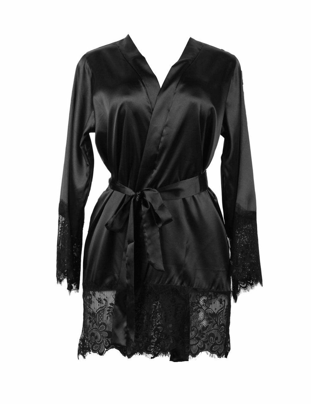 Pyjama Satin Pyjama Set Spitze Nachthemd Nachtwäsche Schwarz + String S/XL