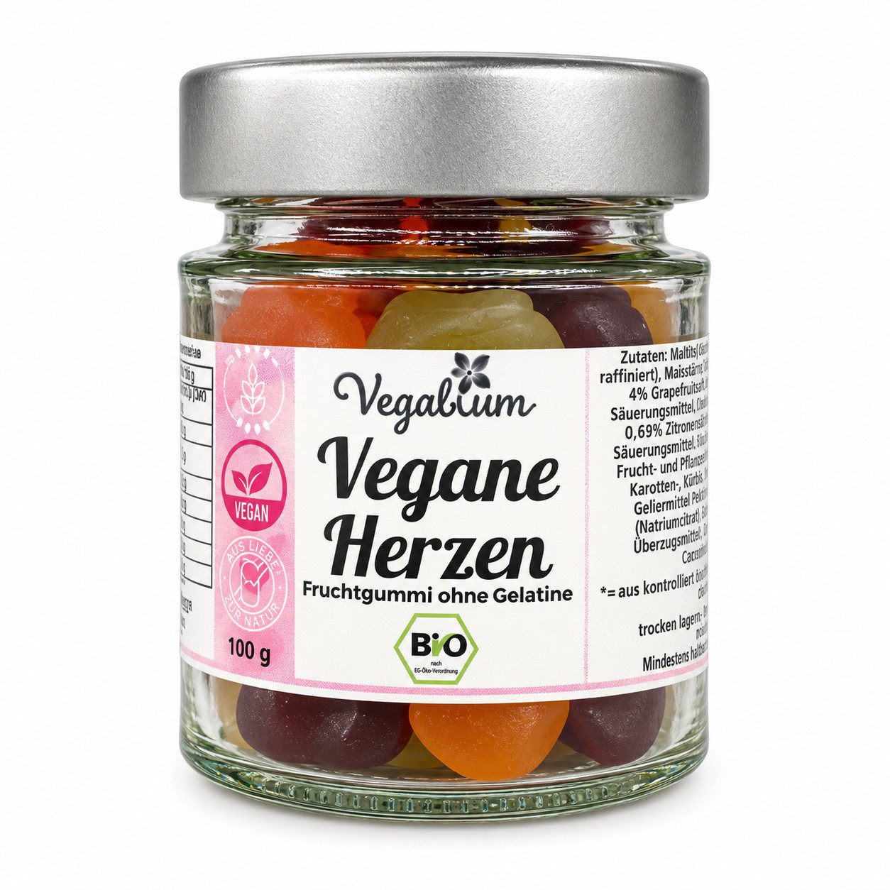 Vegablum Süßigkeit Bio Fruchtgummi Herzen, vegan im Glas, 1 x 100,00 g, vegane Herzen ohne Gelatine im Glas