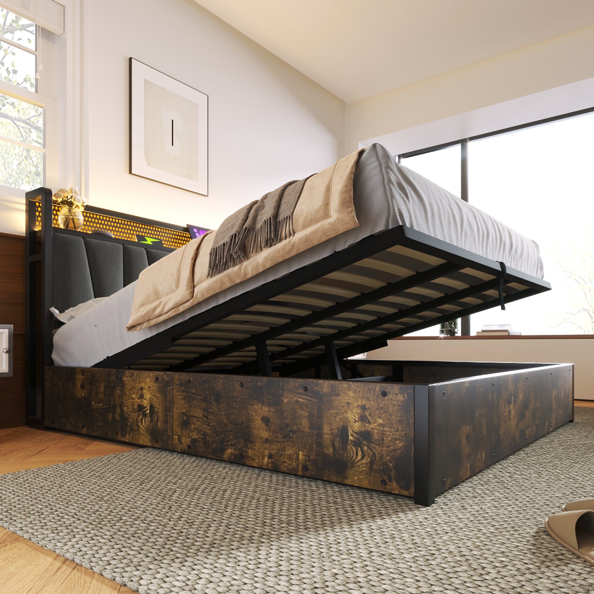 Polsterbett (LED Metallbett Doppelbett), hydraulisches Stauraumbett mit Ladefunktion und Lattenrost, 180x200cm