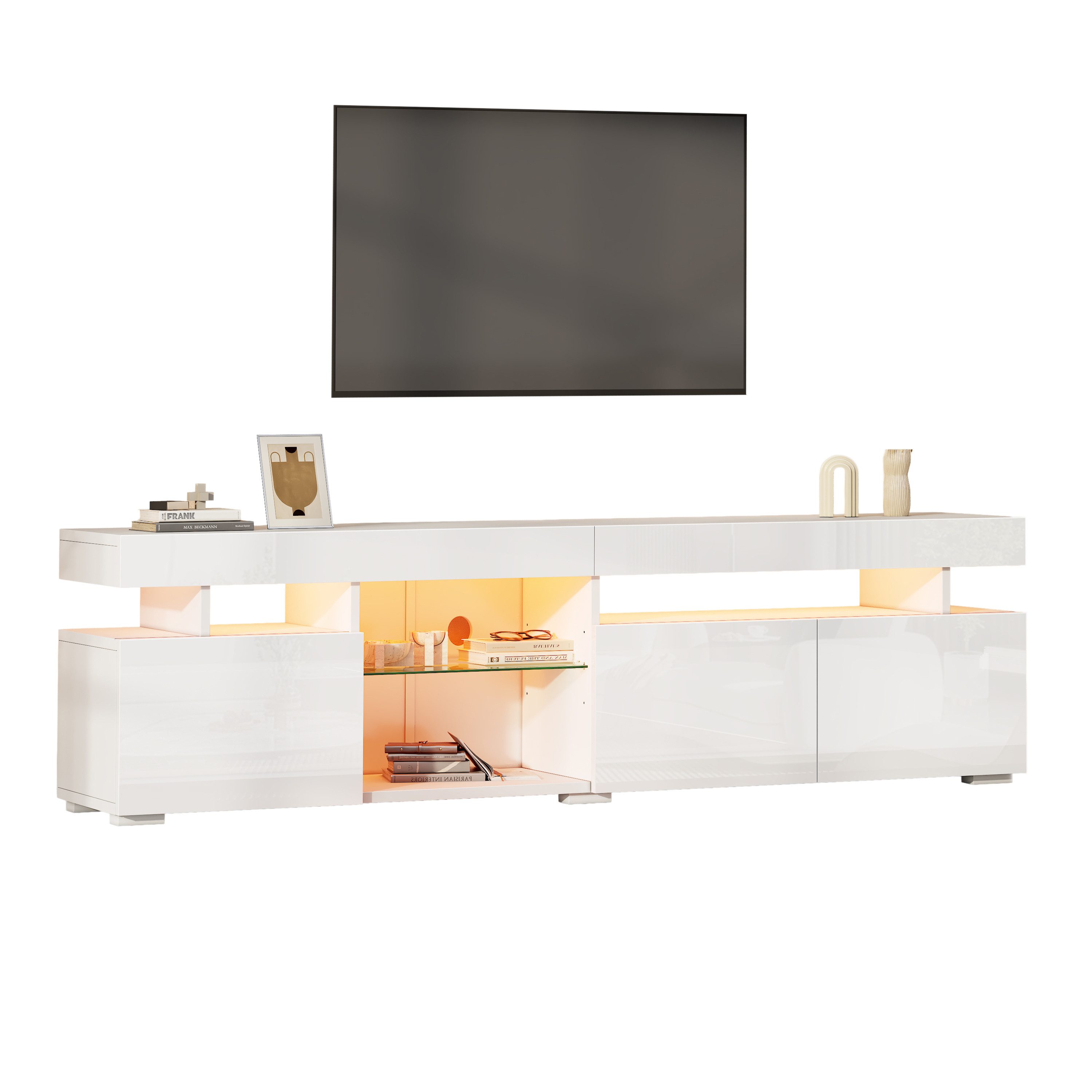 KLAM HOME Lowboard Weißer Hochglanz TV-Schrank 180cm für 80 Zoll mit 3 Türen & LED (Lowboard mit App-gesteuerter Beleuchtung & verstellbarem Glasfach), Moderner TV-Ständer mit viel Stauraum & Hochglanz-Optik für Wohnzimmer