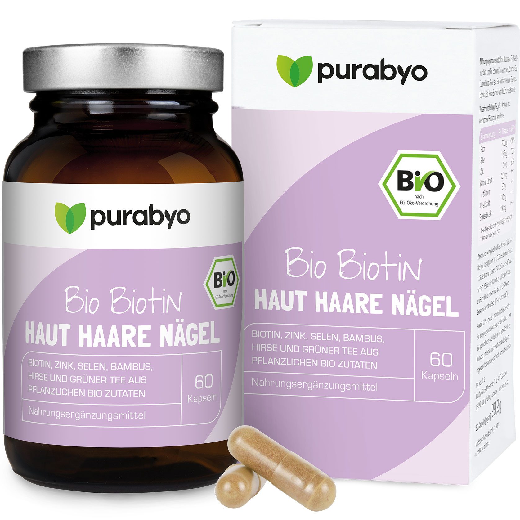 Purabyo BIO Biotin Haut, Haare, Nägel, Biotin, Selen und Zink, im Glas Kapseln, 1 er 60 St., 29 g