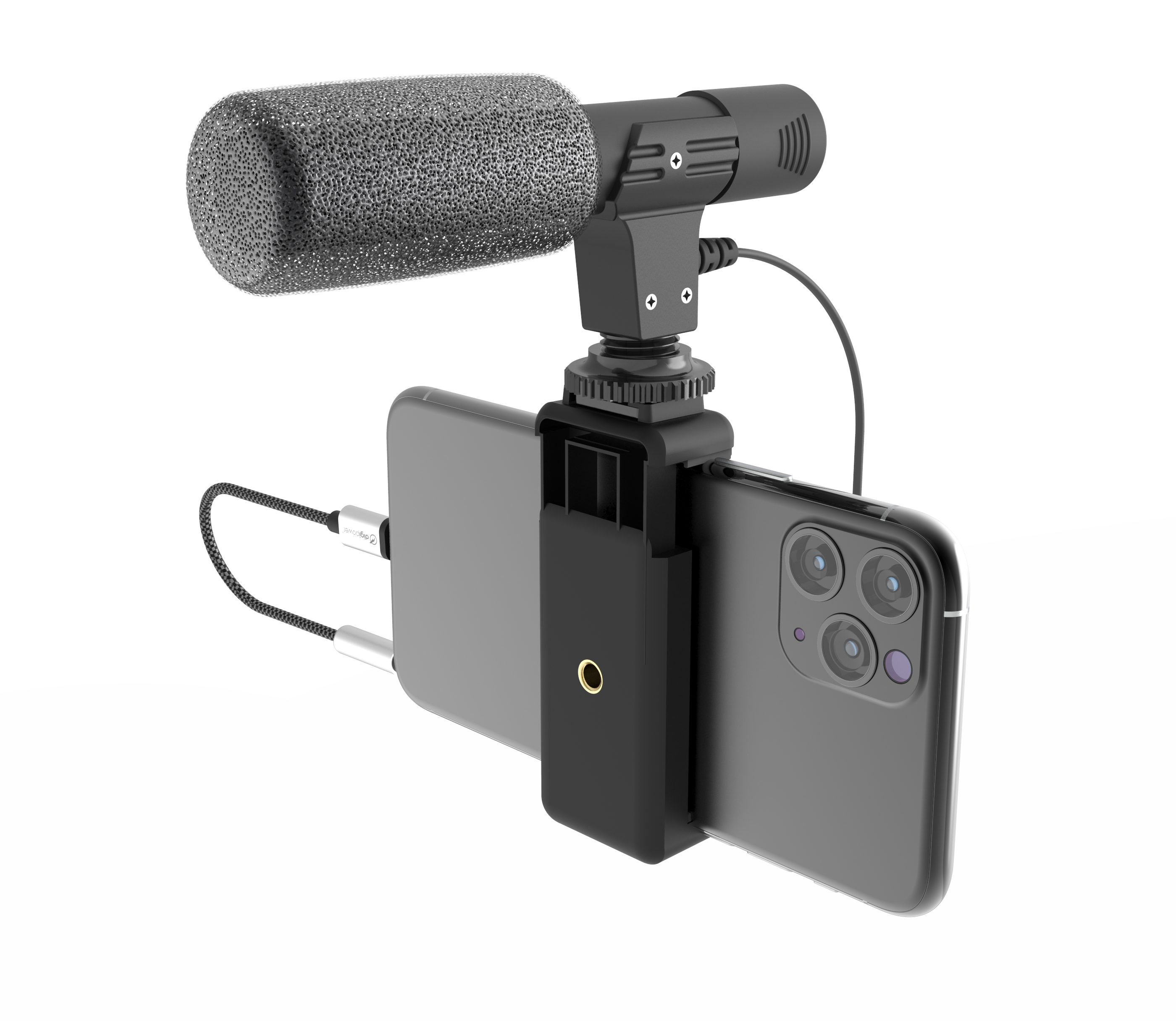DigiPower Richtmikrofon Shotgun-Mikrofon, Smartphone-Halterung, Nierencharakteristik, 30-18KHz, 3,5 Klinke