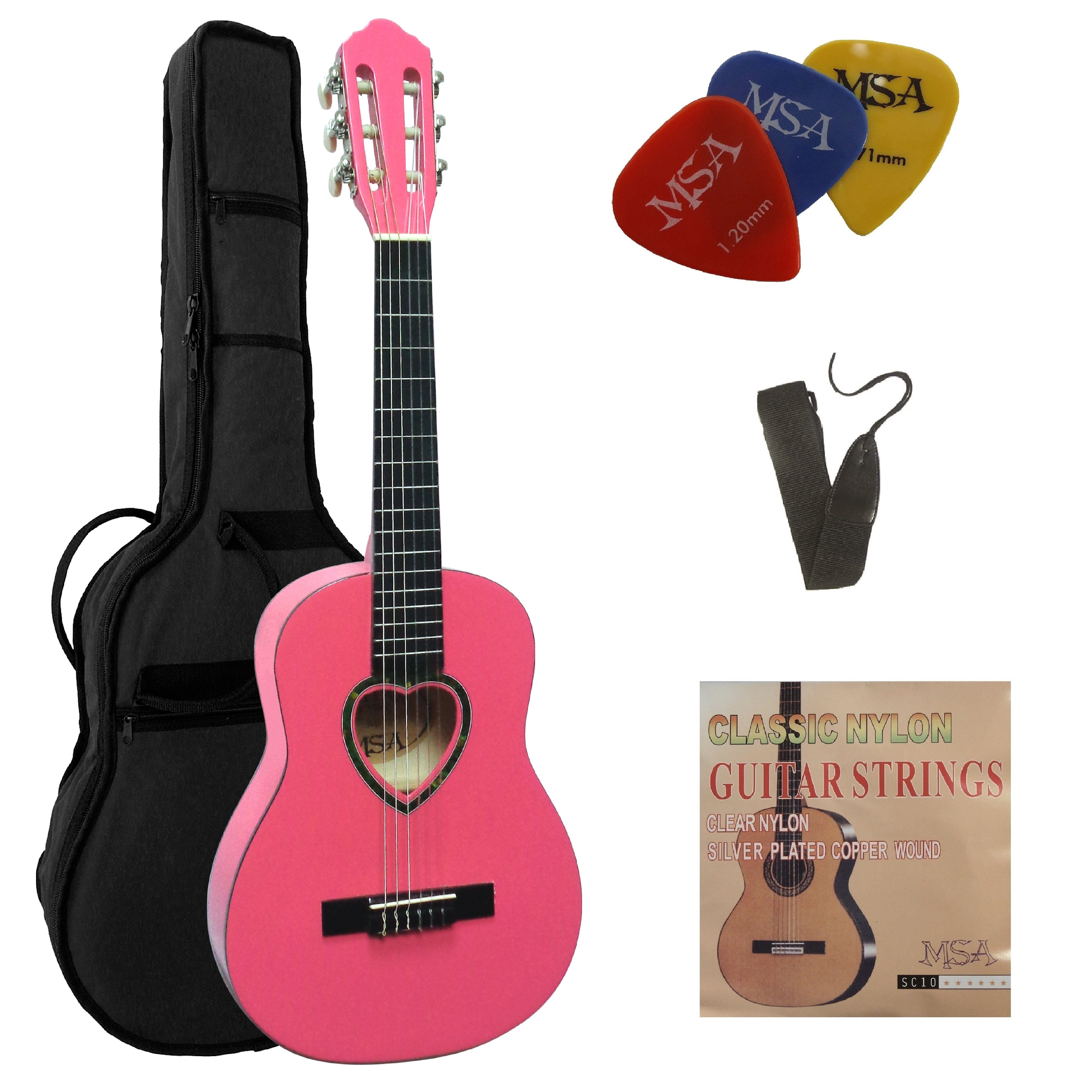 MSA Konzertgitarre 1/4 Kindergitarre Set Tasche Band Saiten 3xPlektron, Gitarre aus Lindenholz Nylonsaiten