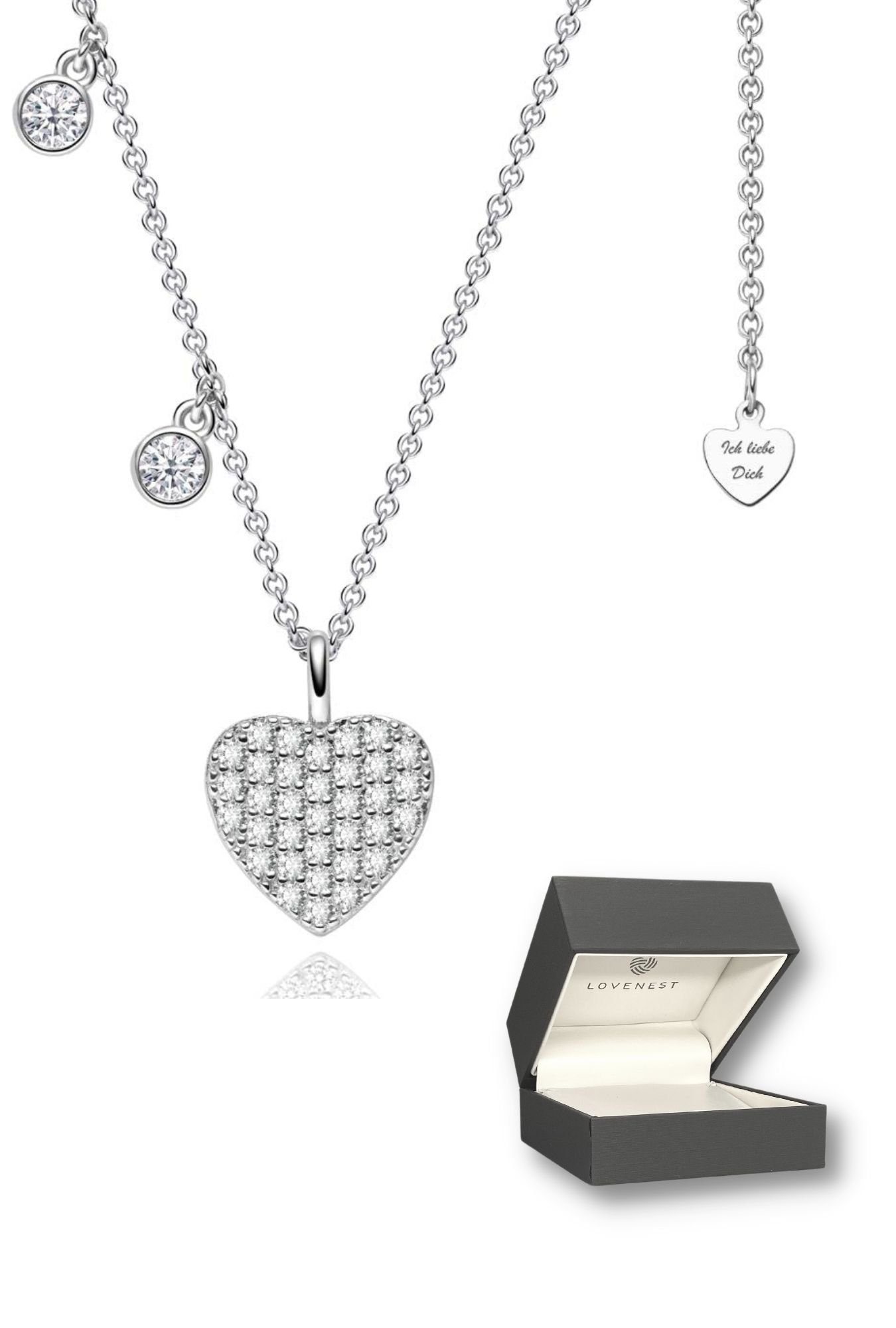 LOVENEST Herzkette Halskette Damen Silber 925, Herzkette mit kleinen  ZIRKONIA-Steinchen