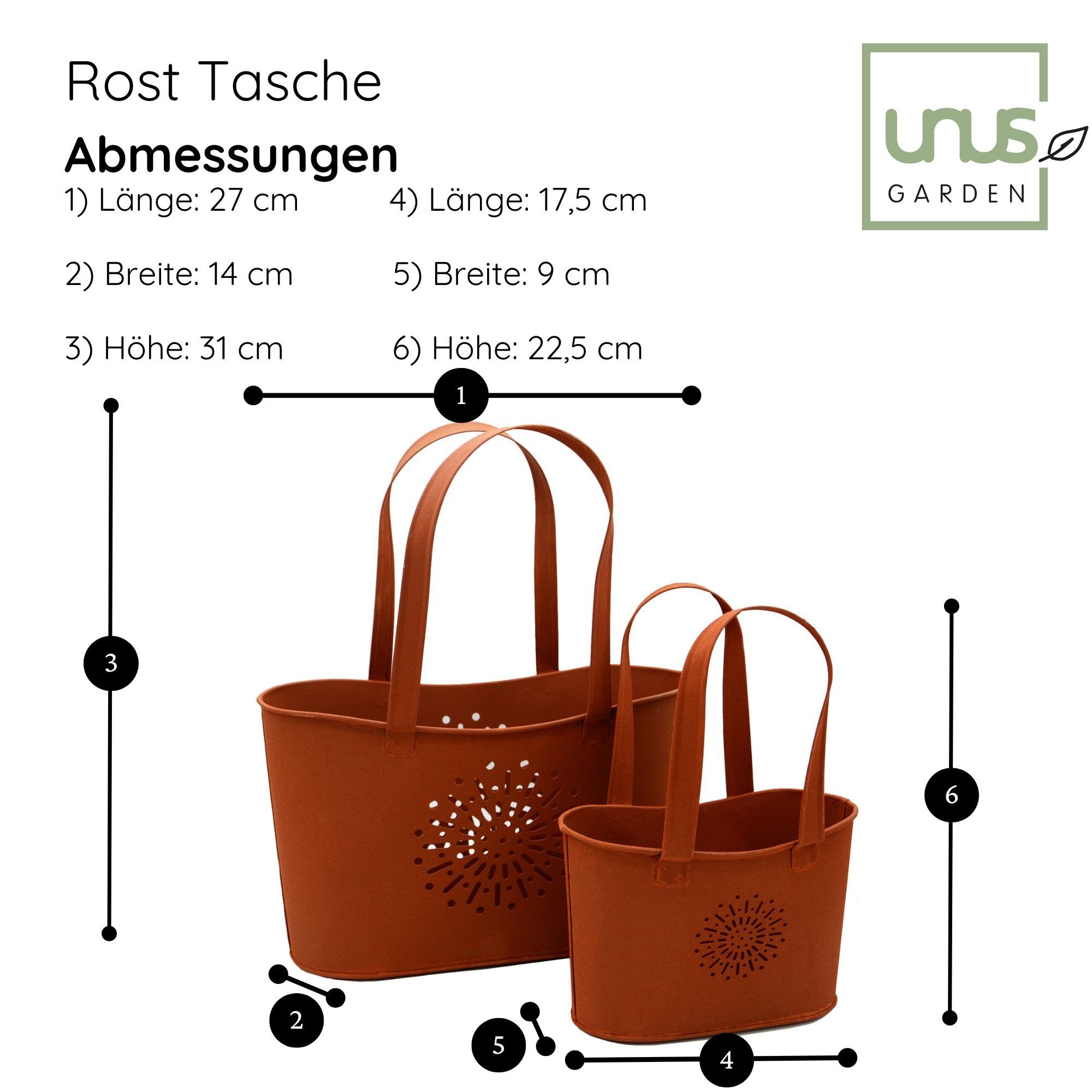 UNUS GARDEN Blumentopf draußen Handtasche Metall dekorative Rostdeko (2 St., 2er Set im Rostdesign), Gartendeko robust, Pflanztopf outdoor – Bild 5 von 5