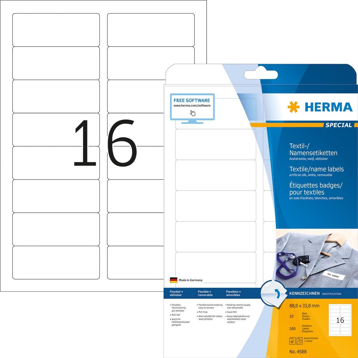 Etiketten HERMA Textil/Namensetiketten A4 88,9x 33,8mm weiss 160 St.
