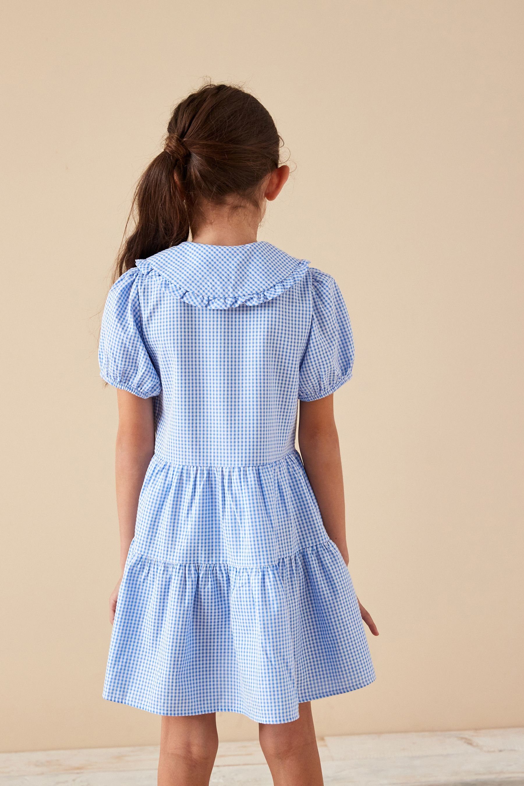Next Volantkleid Gestuftes Kleid Vichykaros mit + hübschem Kragen Blue (1-tlg)