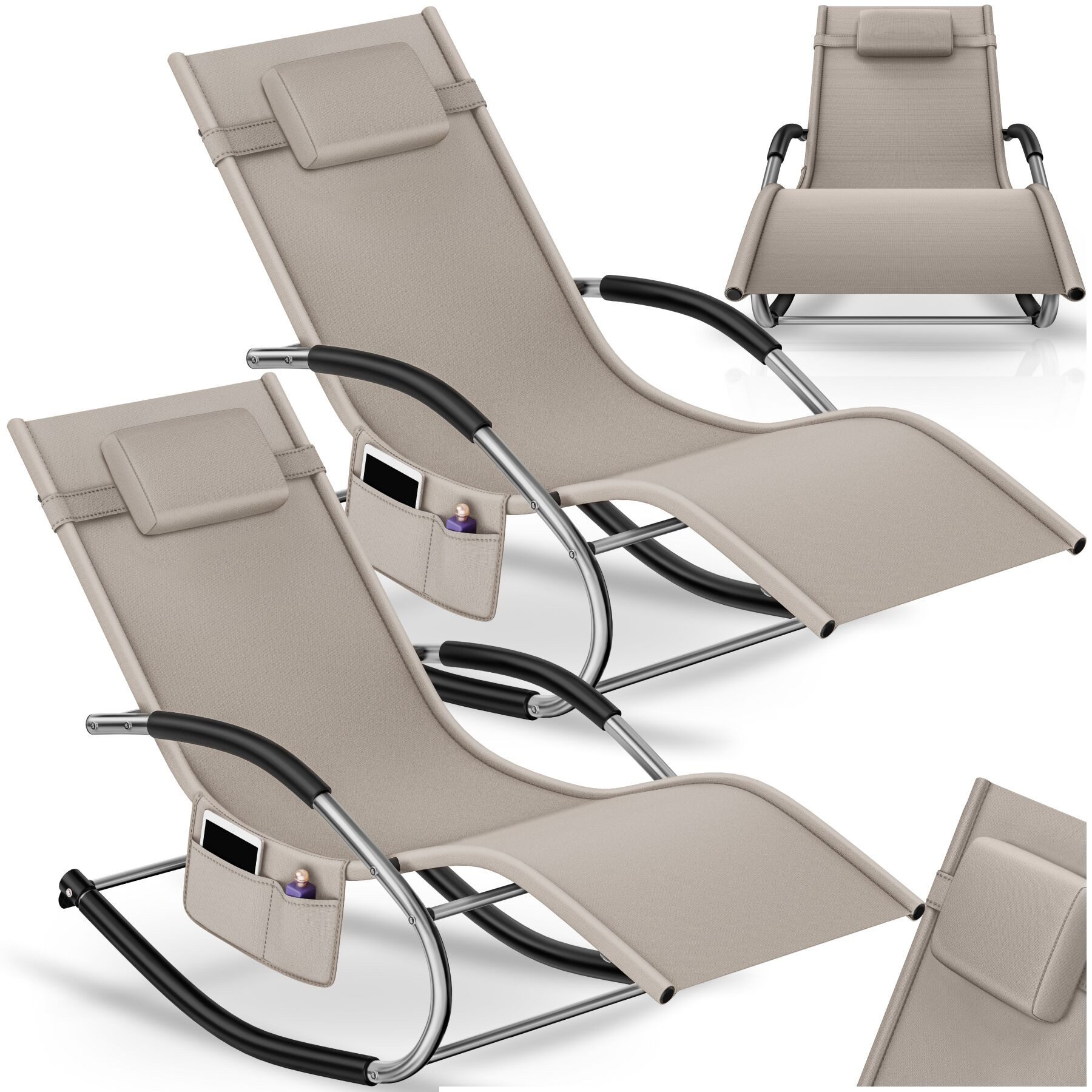 tectake Gartenliege Relaxliege wetterfest mit Kopfkissen, Seitentasche, Liegestuhl Taya, 2 St., in Beige, ergonomisch mit Schwingfunktion und geschwungene Armlehnen mit