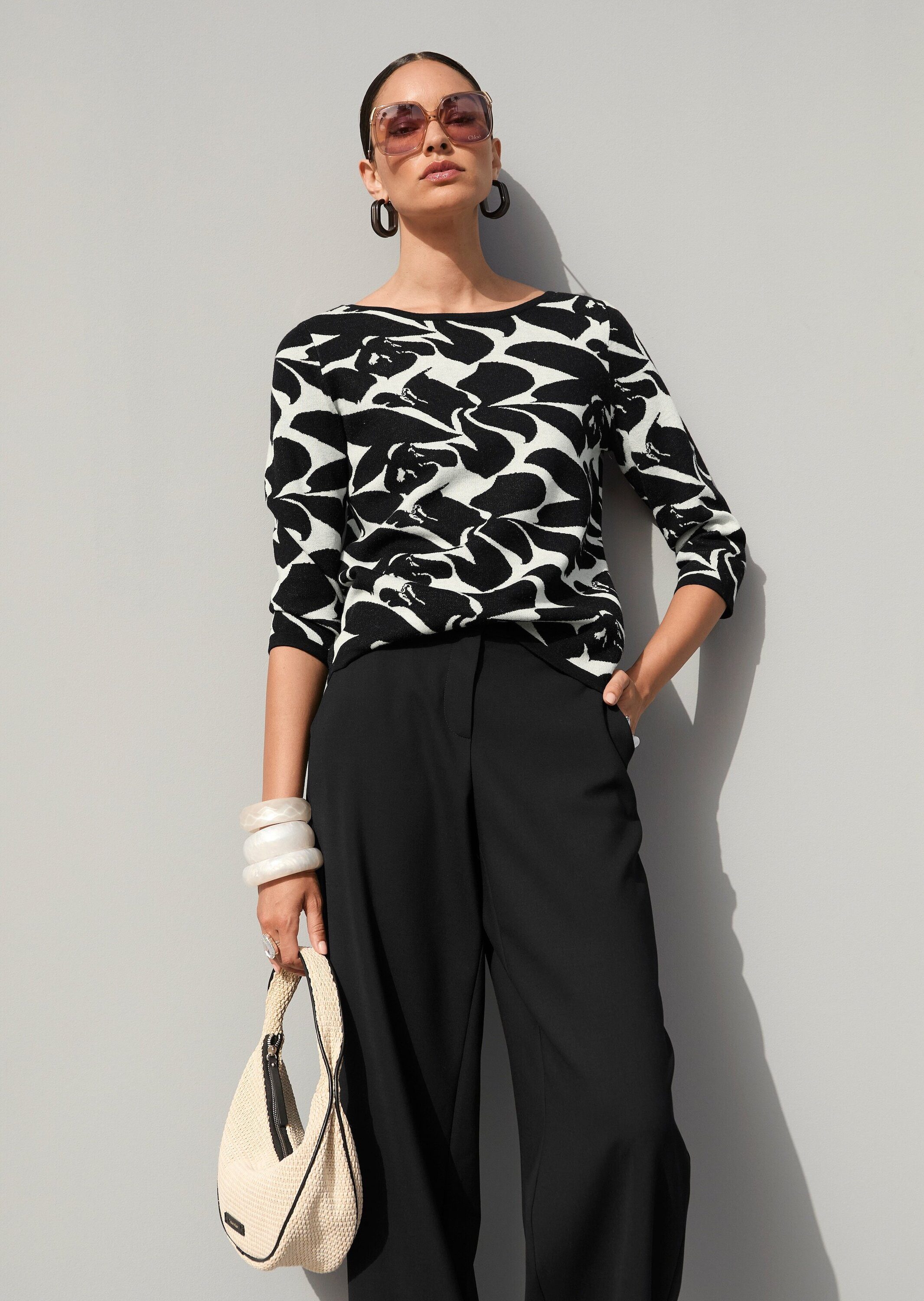 MADELEINE Strickpullover Jacquardpullover mit grafischem Muster Wollpullover mit U-Boot-Ausschnitt und 3/4-Arm