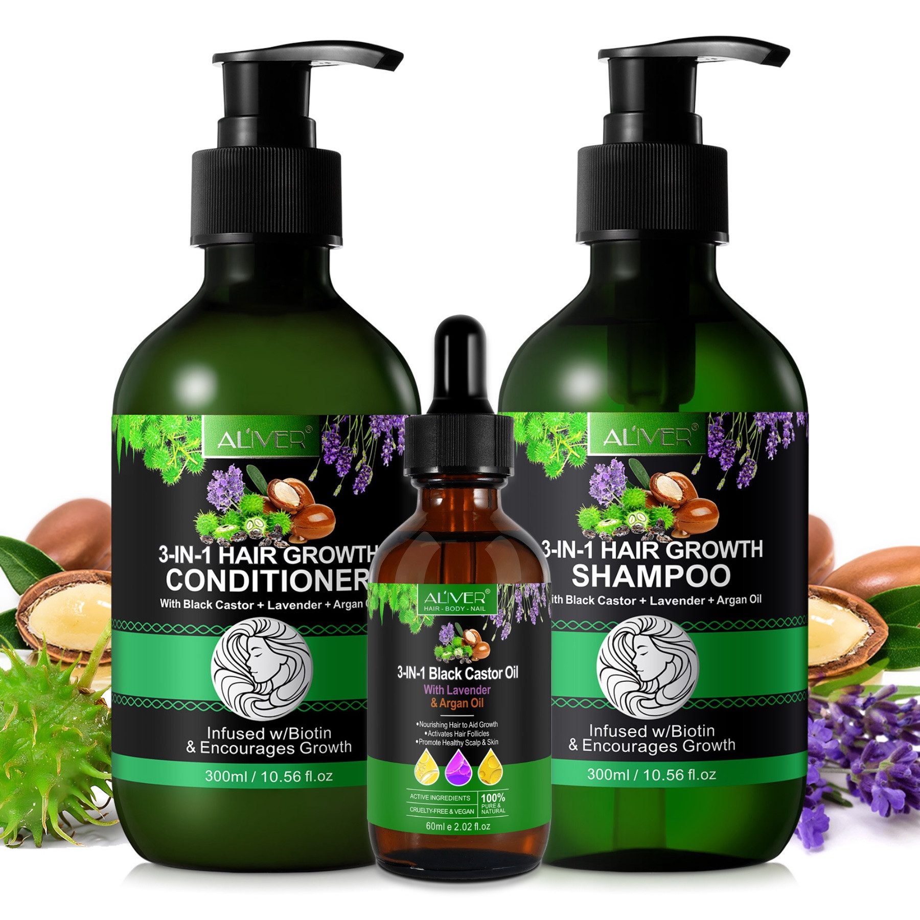 ALIVER Haarpflege-Set Shampoo Conditioner Haaröl mit Biotin Rizinus Lavendel Argan Öl