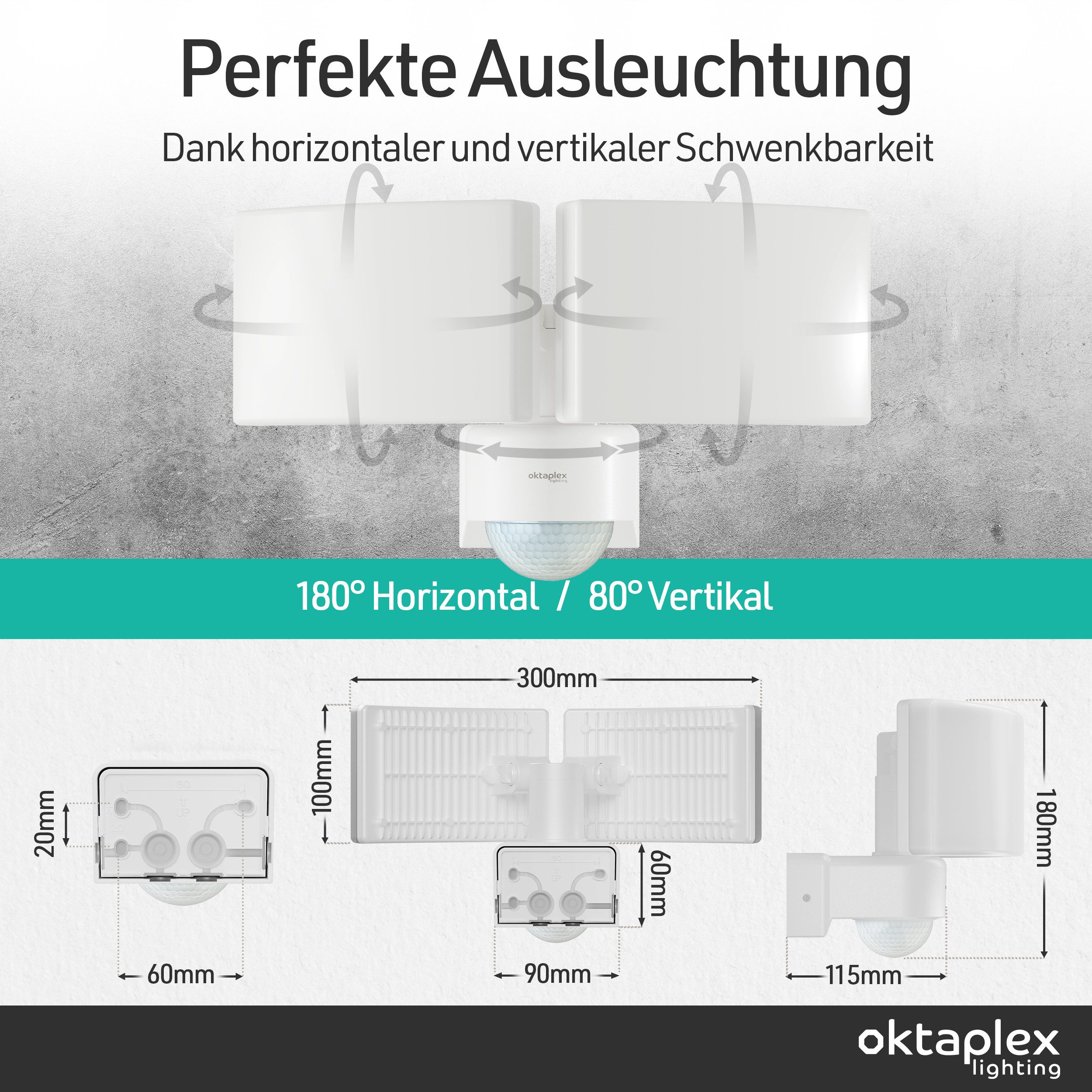 Oktaplex lighting LED Außen-Wandleuchte Cali Dos Außenstrahler mit Bewegungsmelder 8m / 240 Grad IP65, PIR-Sensor, dreh- und schwenkbar, inklusive Leuchtmittel, – Bild 4 von 5