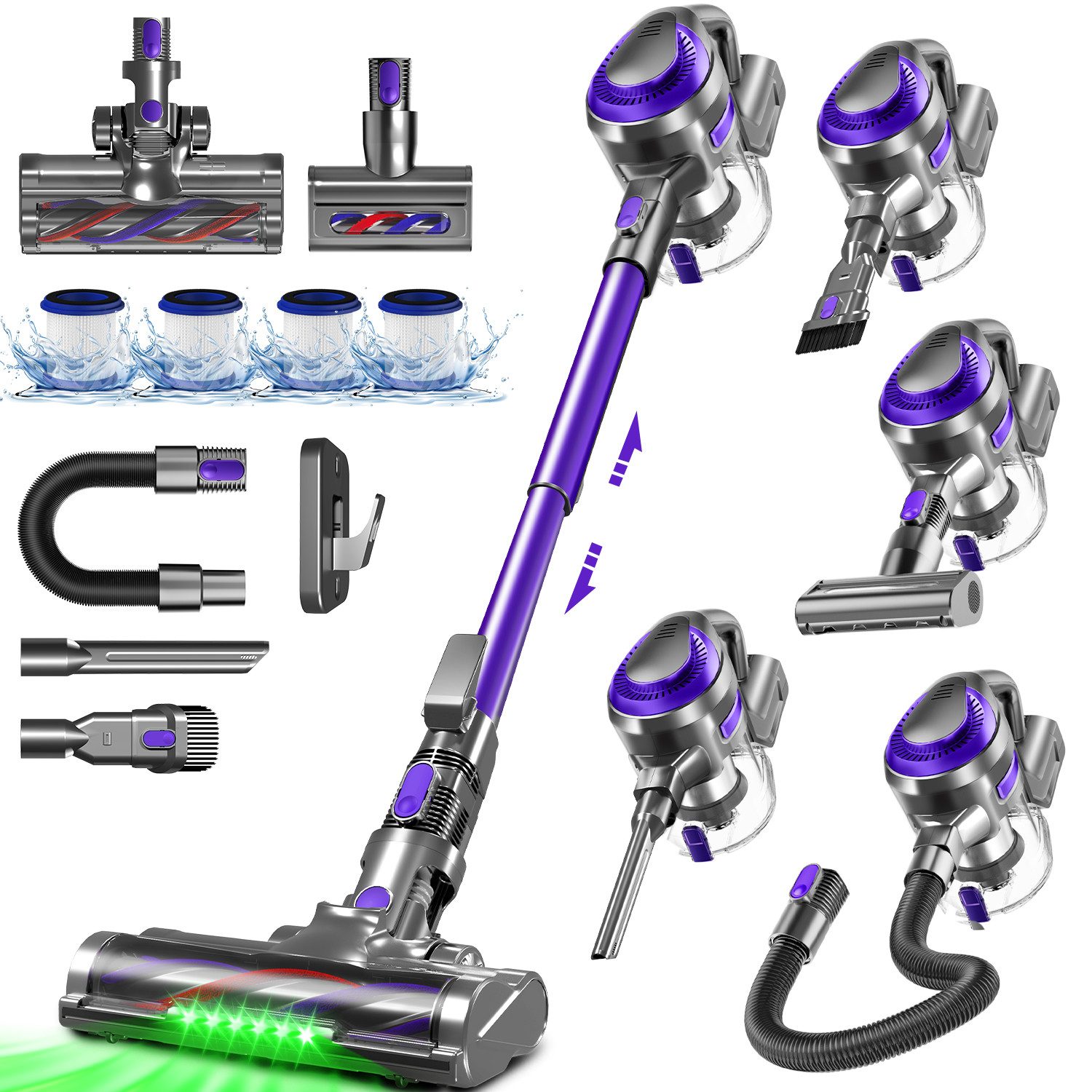 Adormii Akku-Hand-und Stielstaubsauger Akku Staubsauger, 60000Pa/50Min/1.6L Staubsauger Kabellos, HEPA*4, Anti-Tangle-Bürste, 5-in-1 Cordless Vacuum Cleaner, Akkustaubsauger für Tierhaare, Hartböden, Teppiche, 5-in-1 Staubsauger für Tierhaare,Hartböden,Teppiche