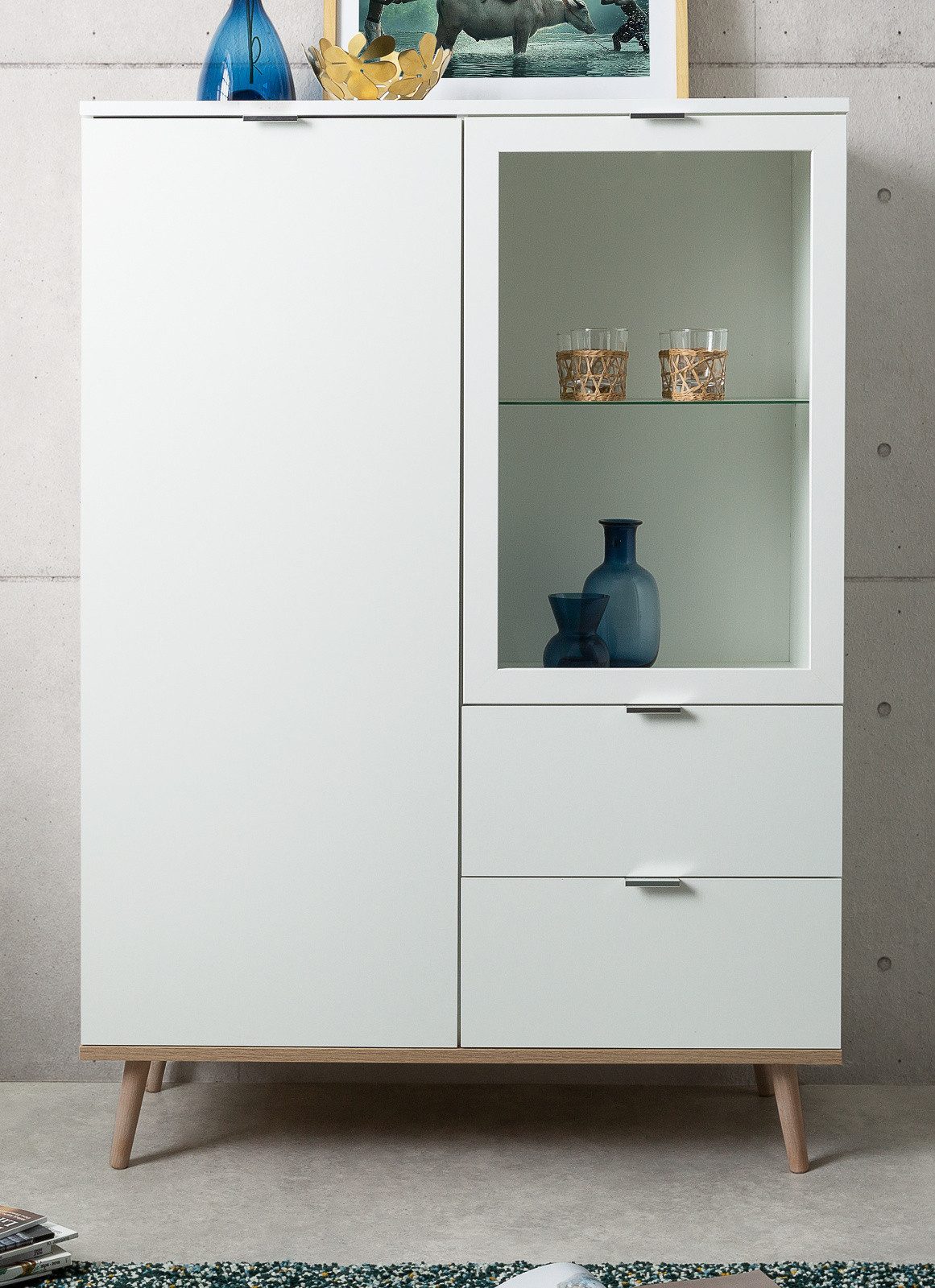 Furn.Design Highboard Lundby (Vitrine in weiß matt mit Eiche Sonoma, 100 x 140 cm), skandinavisches Design