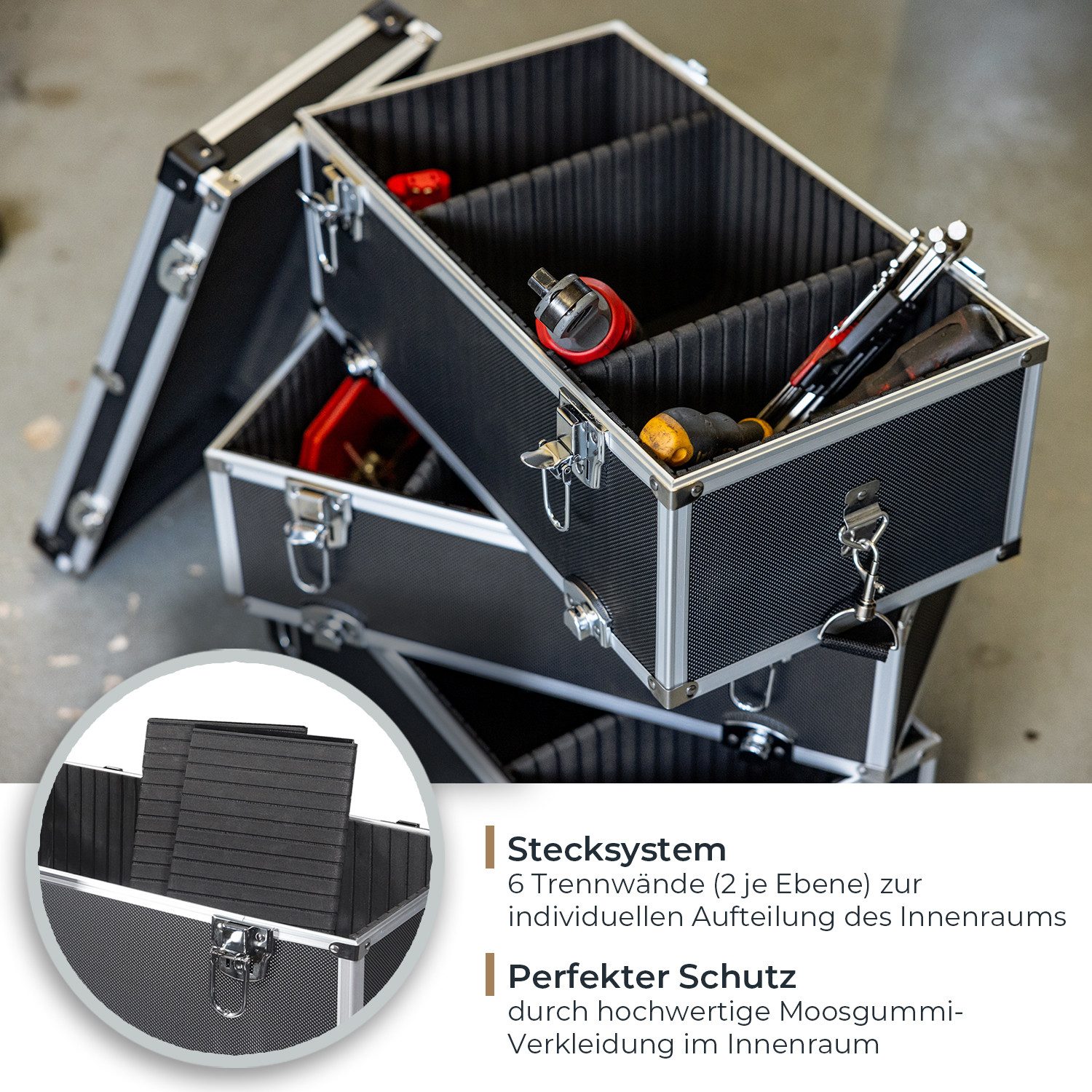 HMF Werkzeugkoffer geräumiger Utensilien Koffer mit Trennwänden, Transportkoffer, für Werkzeug, Angel Sachen und Kosmetik, 44x45x24 cm, schwarz