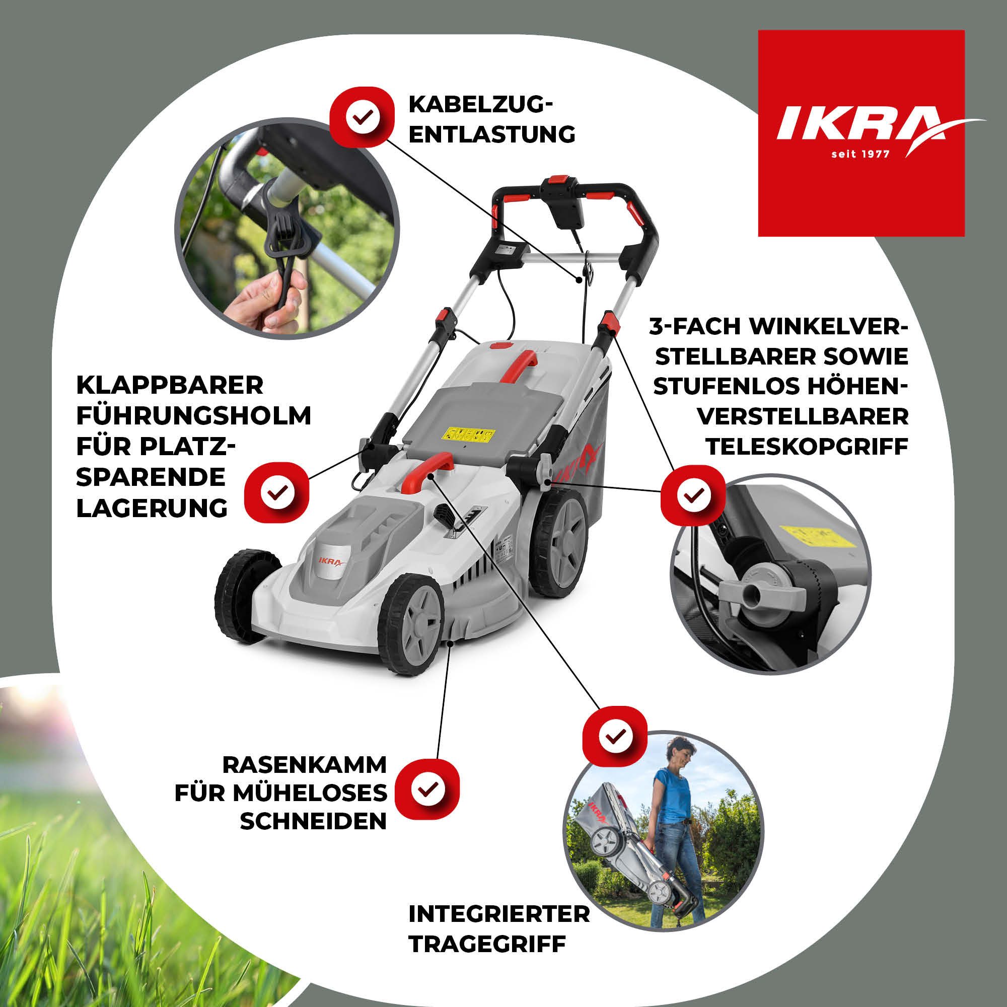 ikra GmbH Elektrorasenmäher IERM 2043 T, 43 cm Schnittbreite, (inkl. Ersatzmesser), 2000 Watt