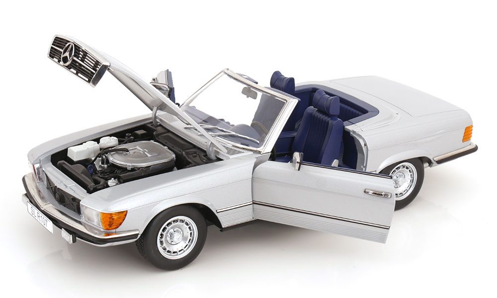 KK Scale Modellauto Mercedes 450 SL R107 Cabrio 1985 silber, Maßstab 1:12