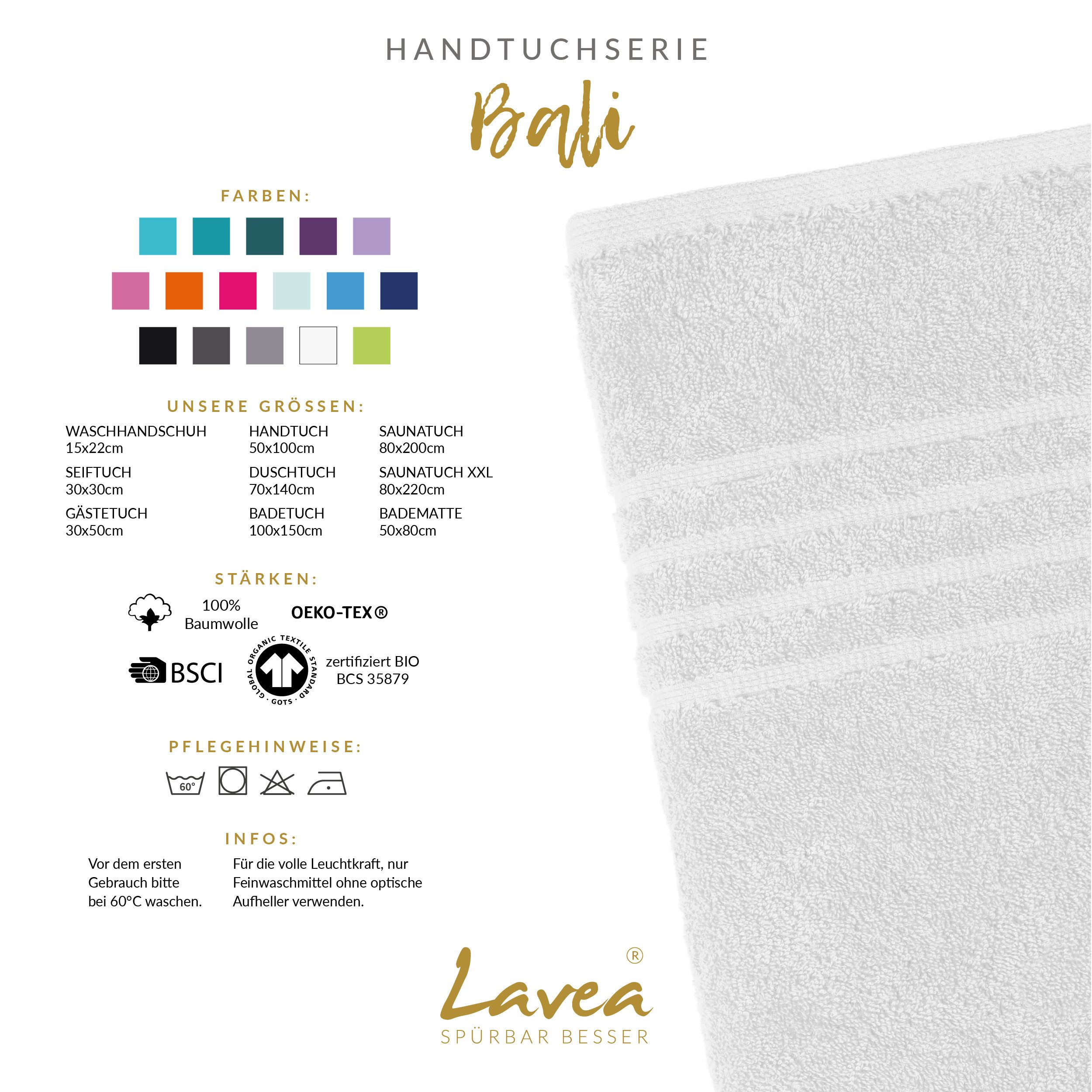 Lavea Saunatuch Bali Saunahandtuch 80x200 cm Saunahandtuch XXL 80x220 cm, Weiches Bio-Baumwollfrottee (1-St), pflegeleicht, GOTS-zertifiziert, extra saugstark mit 500g/m²