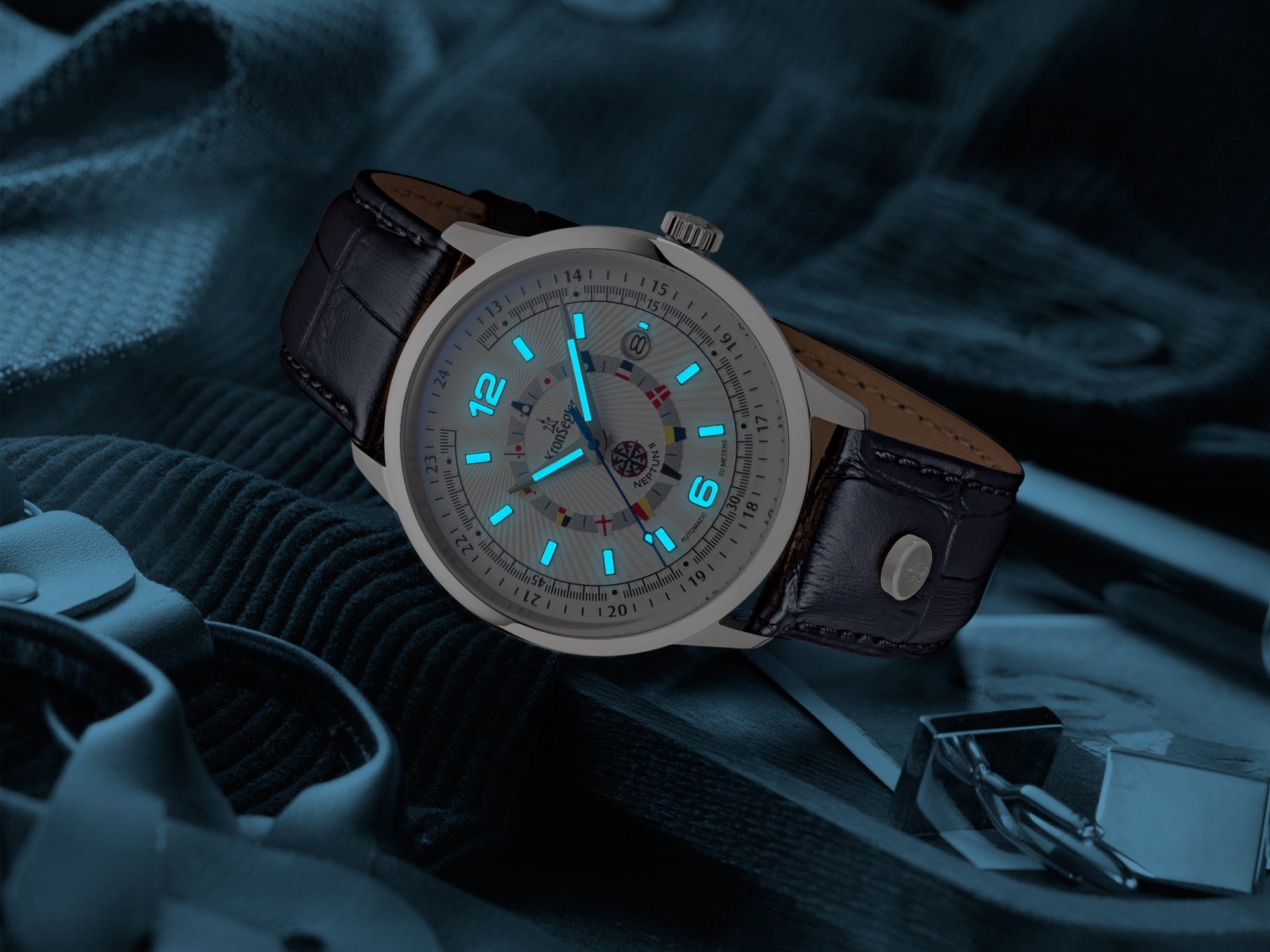 Kronsegler Automatikuhr Armbanduhr stahl-weiß/blau Superluminova Herren nautischen Neptun mit II 30-lagiger m. und Lederband, Flaggen