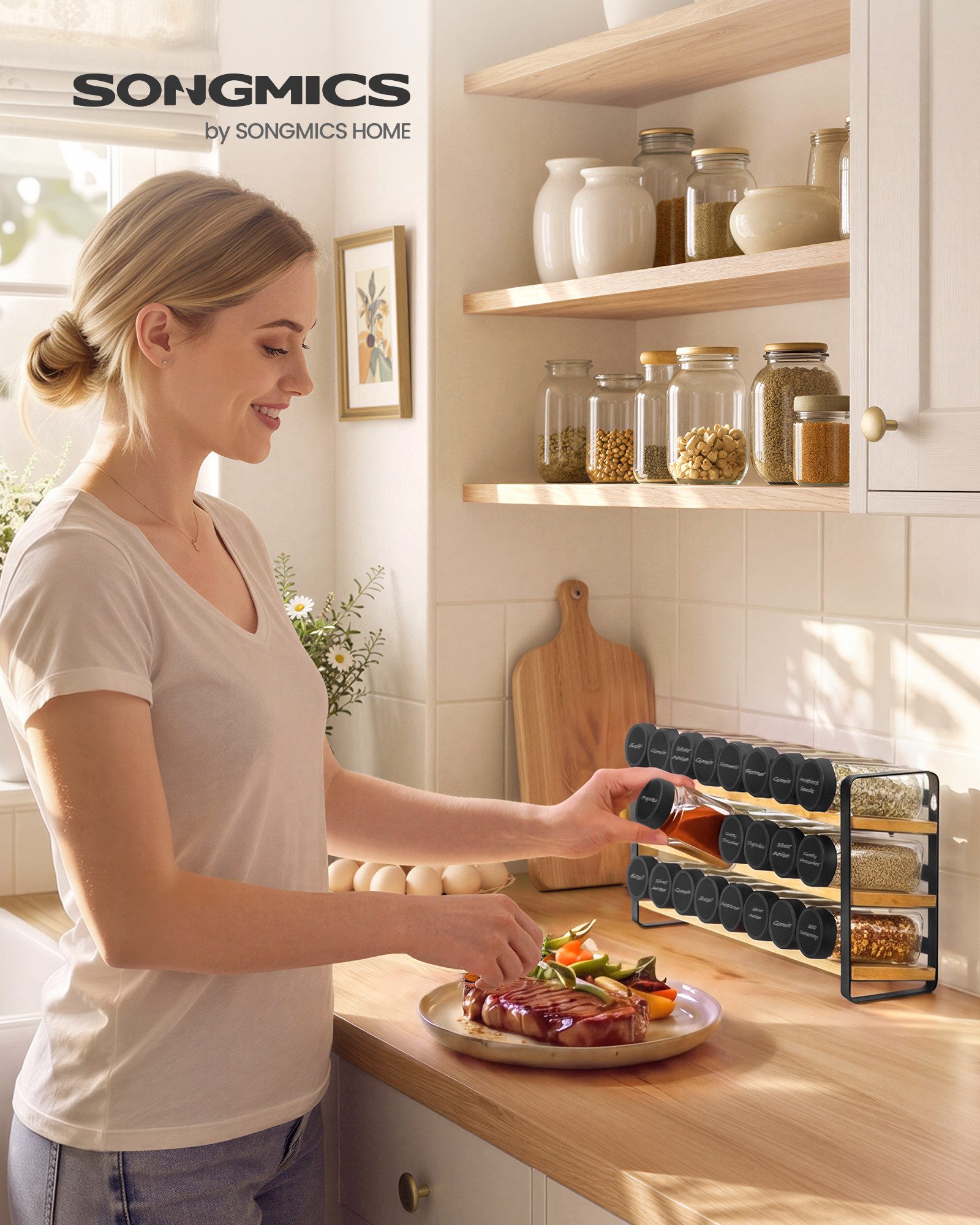 SONGMICS Gewürzregal Bezug abnehmbar, waschbar, rutschfest, Innenfutter wasserabweisend, mit 24 Gewürzgläser, Aufbewahrung Küche, 9 x 39,5 x 19,5 cm – Bild 2 von 5
