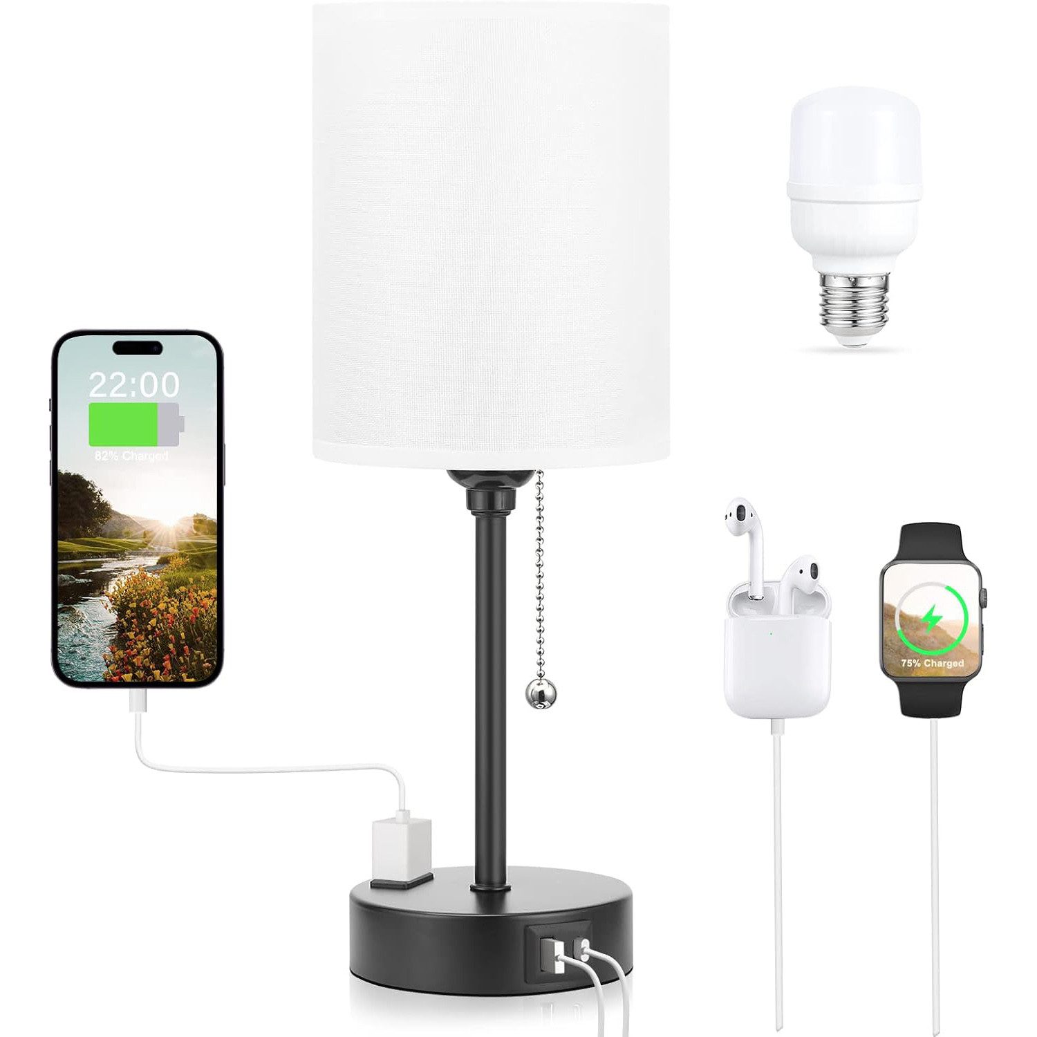 Lapalife Nachttischlampe 3 Farbtemperaturen Tischlampe mit USB A und C, Reißverschlussschalter, Mit LED Birne Kleine Lampen für Nachttisch Wohnzimmer Schlafzimmer