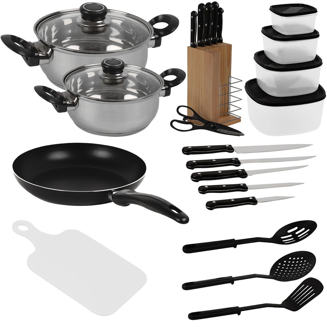 Excellent Houseware Kochbesteck-Set Koch-Erstausstattung Set, Bratpfanne, Töpfe, Messerblock & Dosen, Bratpfanne, Töpfe, Schneidebrett, Kochlöffel, Messerblock, uvm.