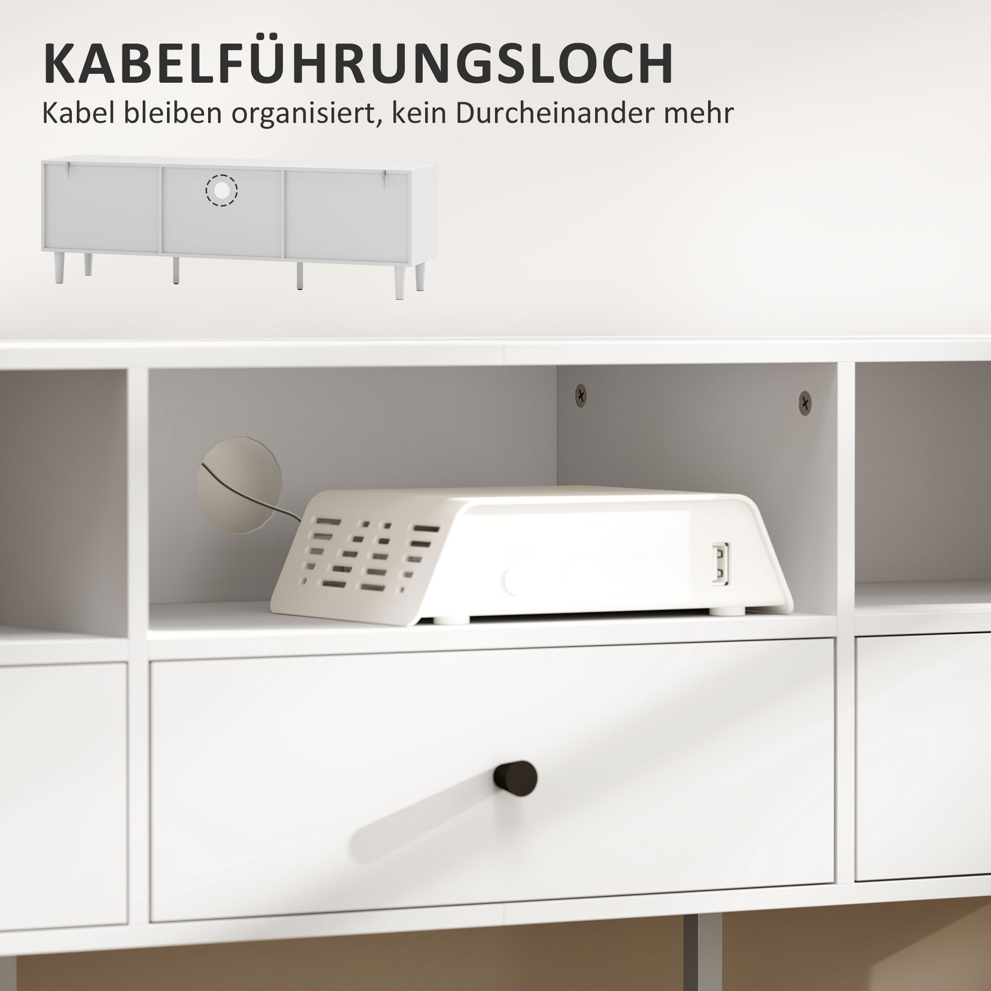 HOMCOM TV-Board TV Schrank mit Schubladen, 3 offenen Fächern (140 cm lang TV Kommode, 1 St., TV Lowboard mit Kabelmanagement), Fernsehtisch für Wohnzimmer Weiß  – Bild 5 von 5
