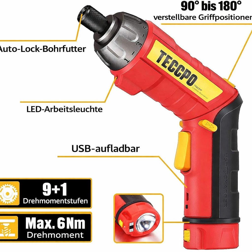 Teccpo Akku-Schrauber, 6,00 Nm, (Elektrischer Schraubendreher, 45-tlg., 2000mAh Li-Ion, 9+1 Drehmomentstufen), Selbstverriegelungsfutter, 2 LED-Lichter, Einstellbare 2 Positionen
