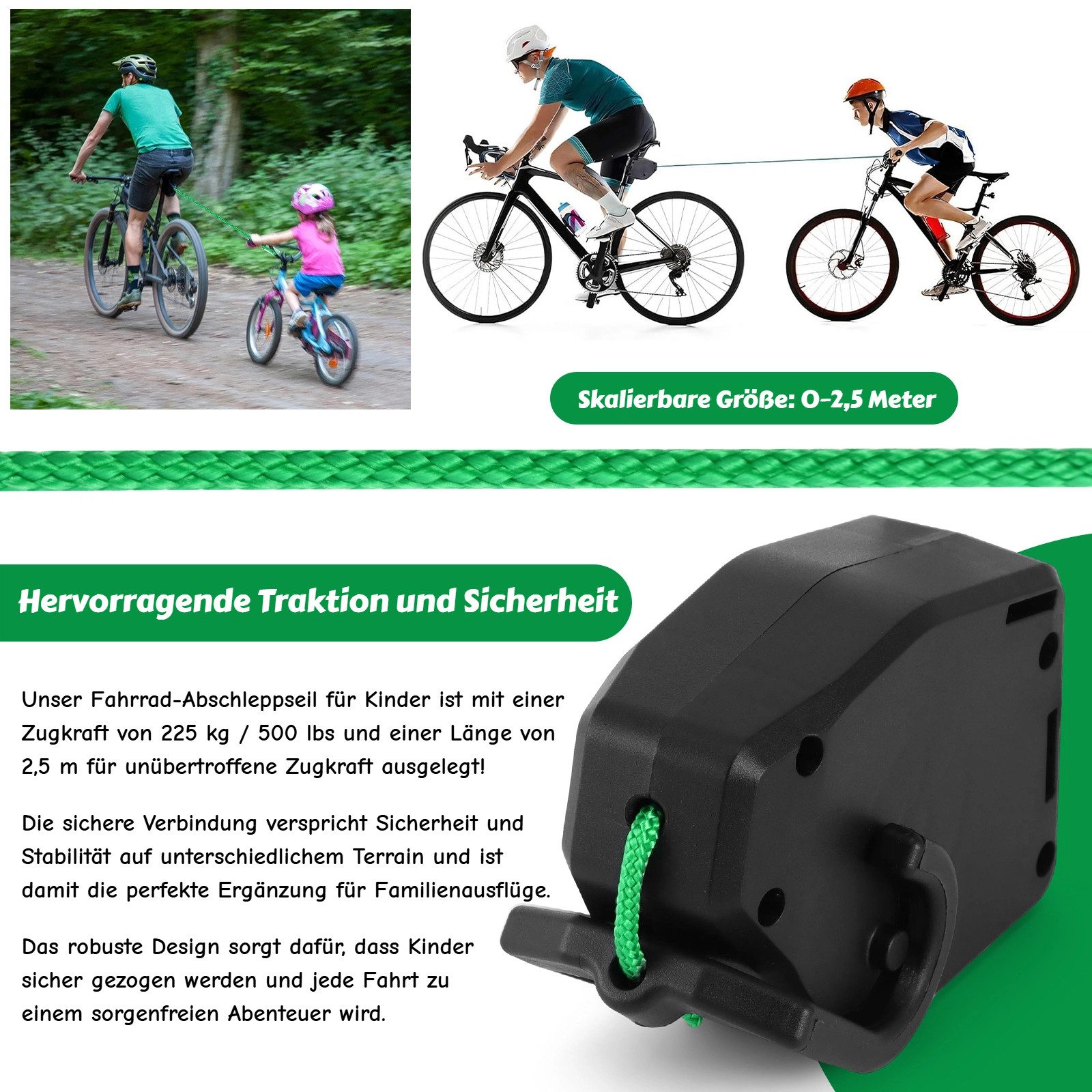 BlingBin Abschleppseil Fahrrad Abschleppseil Kinder, Elastisches 2.5M Fahrrad Traktionsseil (1er Set, 1-tlg., 7,3*20,6*10cm, 0-2,5m), Universell Fahrrad Seil Einziehbar, Tragfähigkeit 500 lb, für MTB
