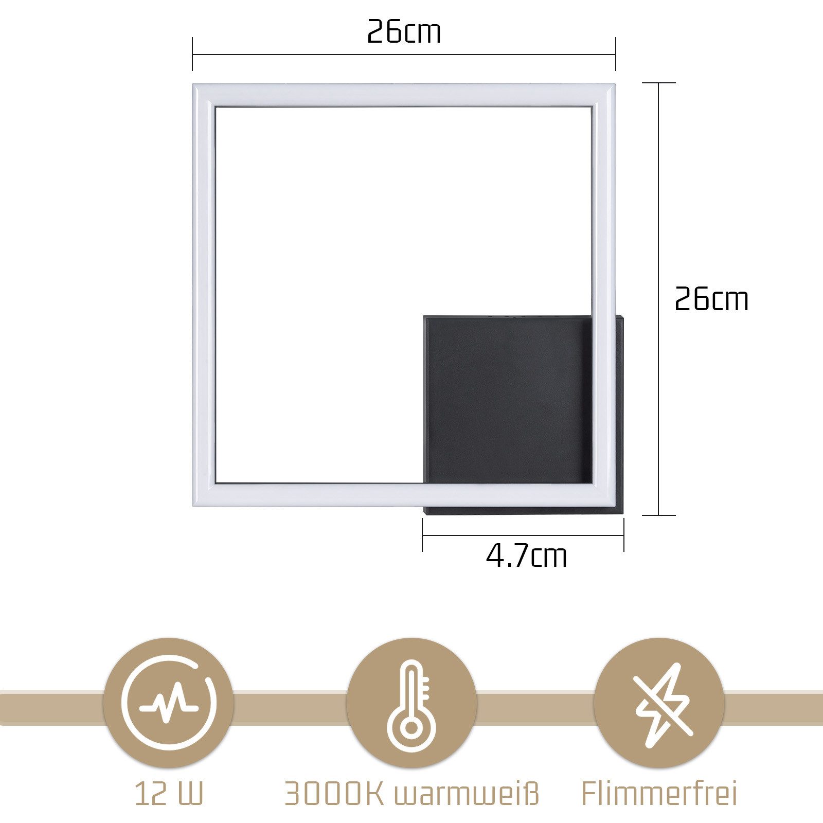 ZMH LED Deckenleuchte 12W Schwar Modern eckig Deckenlampe 26*26*4.7cm, Augenschutz, Einfache Installtion, LED fest integriert, Warmweiß, Wohnzimmer für Esszimmer Flur