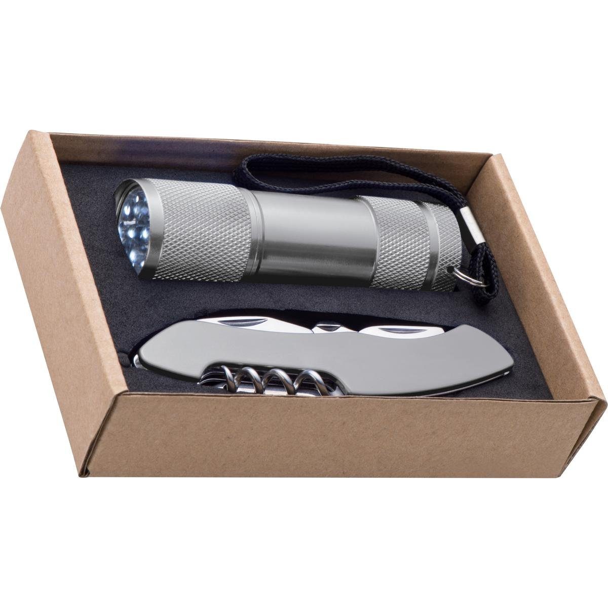 Taschenmesser Set bestehend aus Taschenlampe und Taschenmesser / Farbe: silber