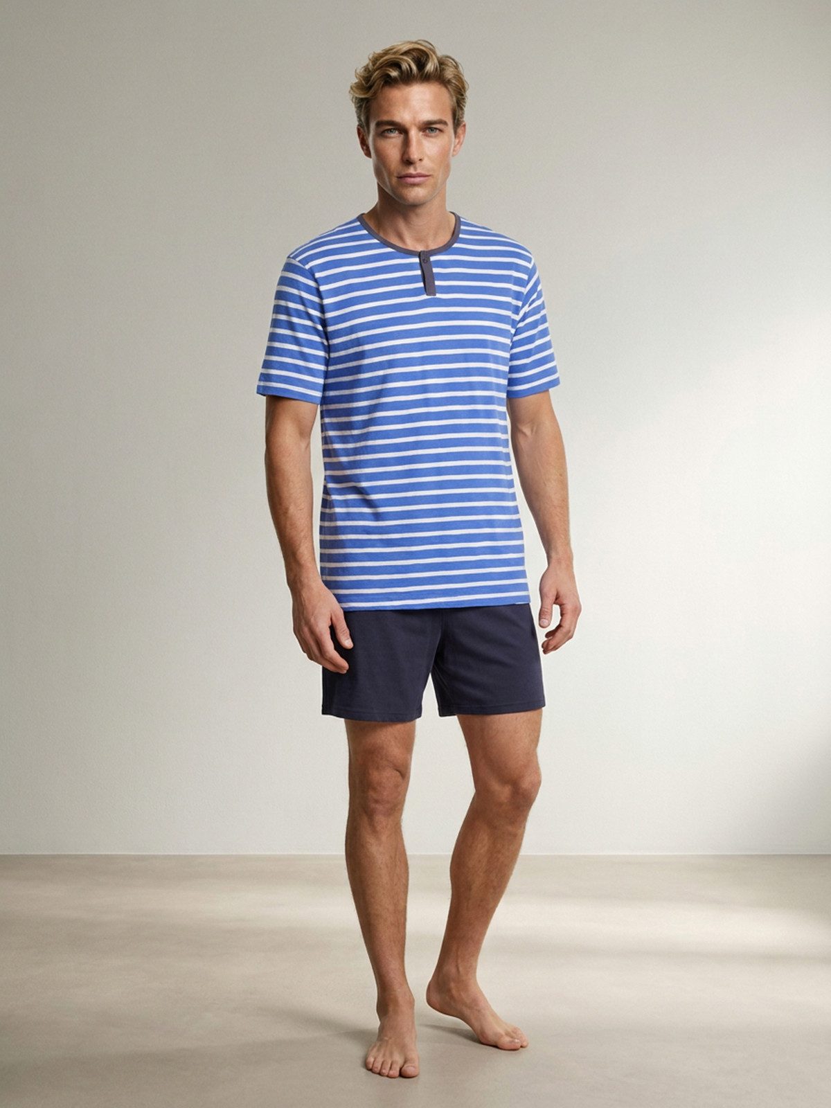 Shorty Pyjama Set Kurz - Gestreift mit Knopf