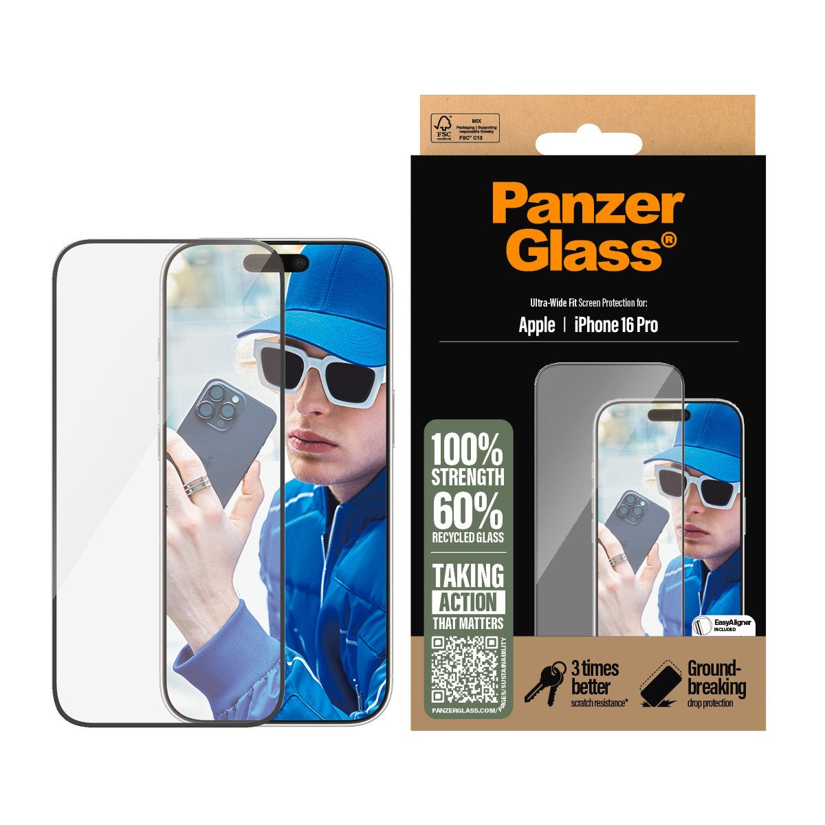PanzerGlass Displayschutzglas Ultra-Wide Fit Screen Protection für Apple iPhone 16 Pro, Displayschutzfolie, Schutzfolie, Bildschirmschutz, kratz- & stoßfest
