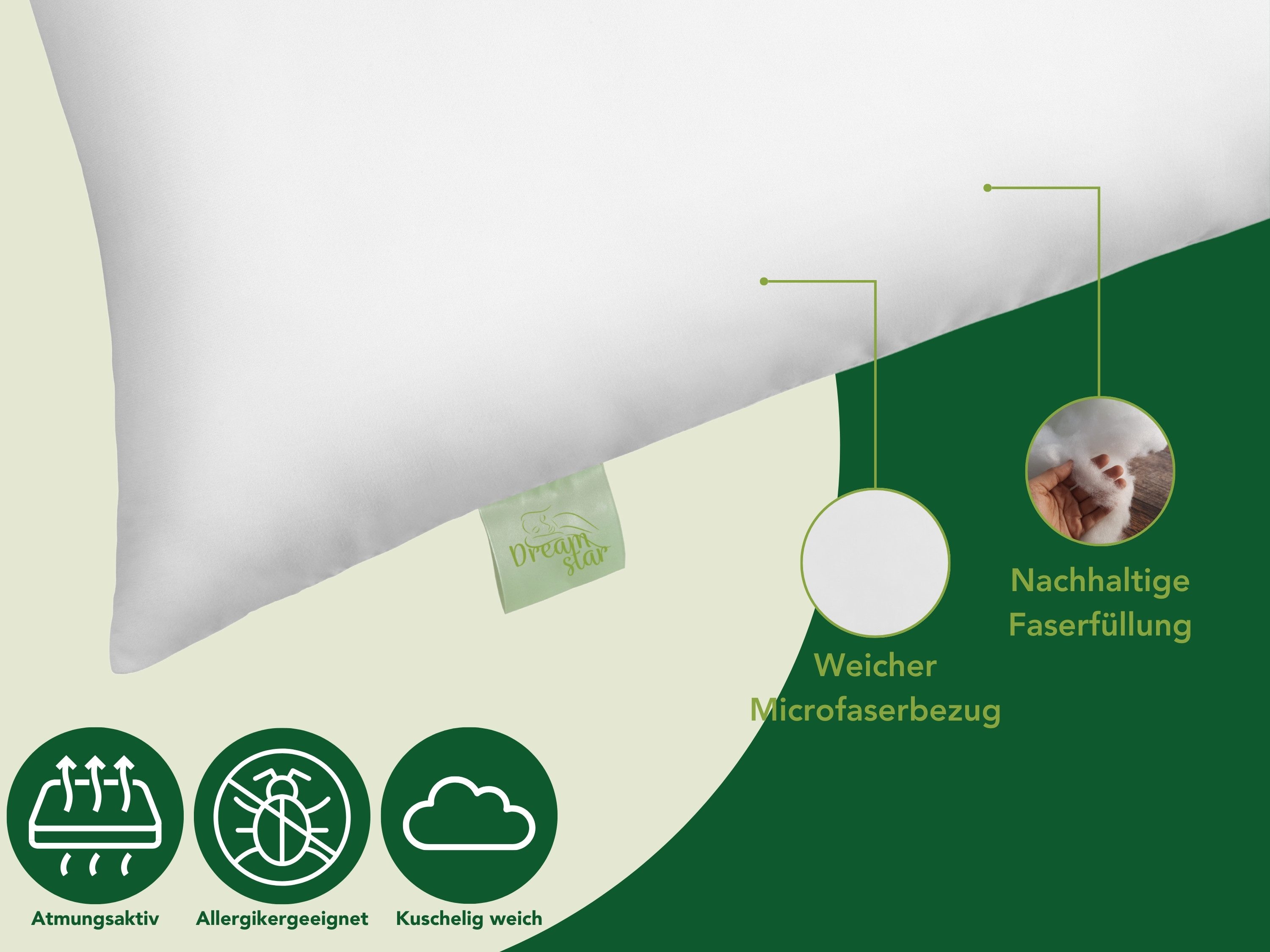 Dreamstar Microfaserkissen Eco, Kopfkissen in verschiedenen Größen - entwickelt in Deutschland, Füllung: Faserfüllung, Bezug: angenehm weiche Microfaser, Seitenschläfer, Rückenschläfer, Bauchschläfer, 1-tlg., waschbar & allergikergeeignet, Kissen 40x80 cm