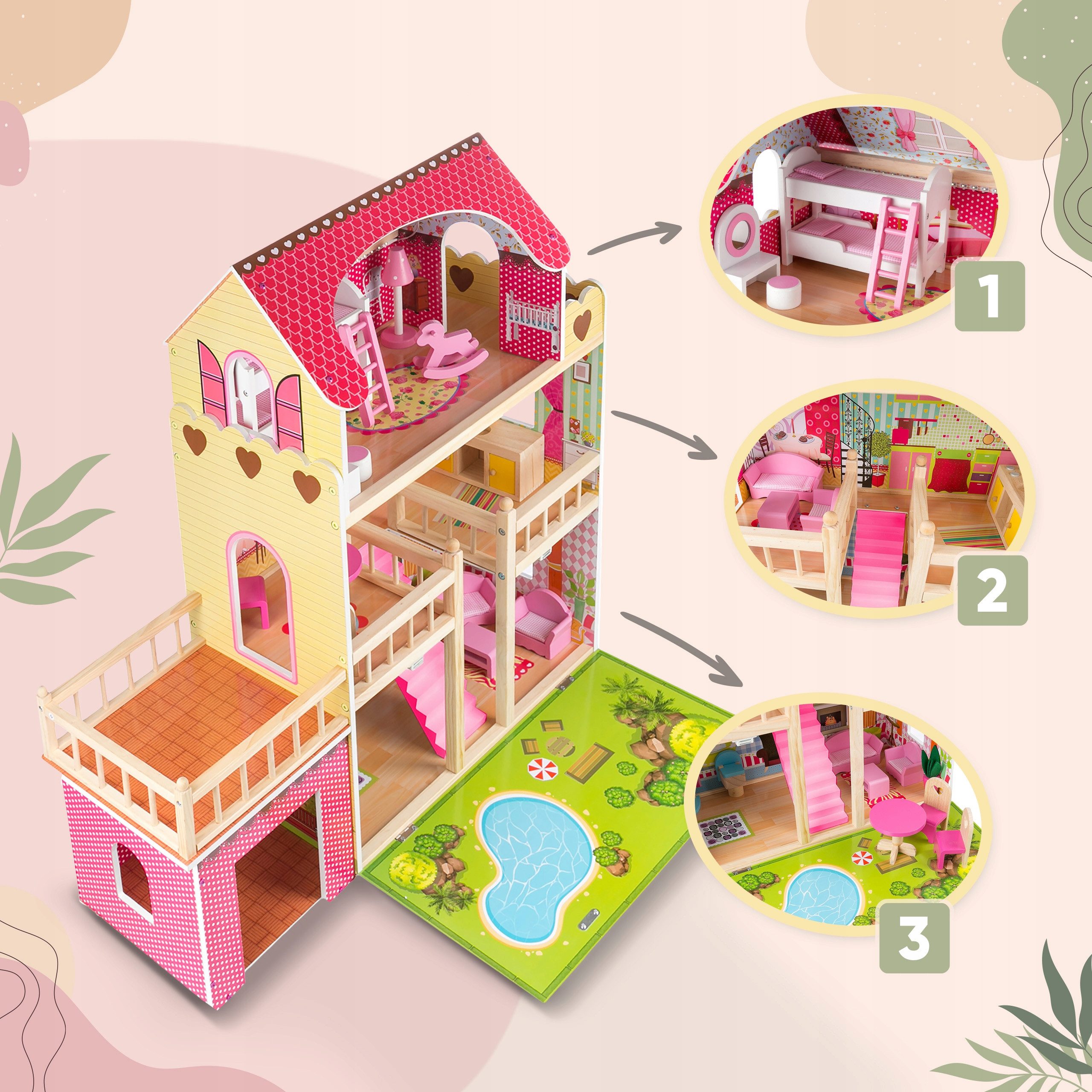 Kinderplay Dolls & Strollers Dollhouse Wooden Villa – 3 Floors with LED Lights – Playhouse with Garage