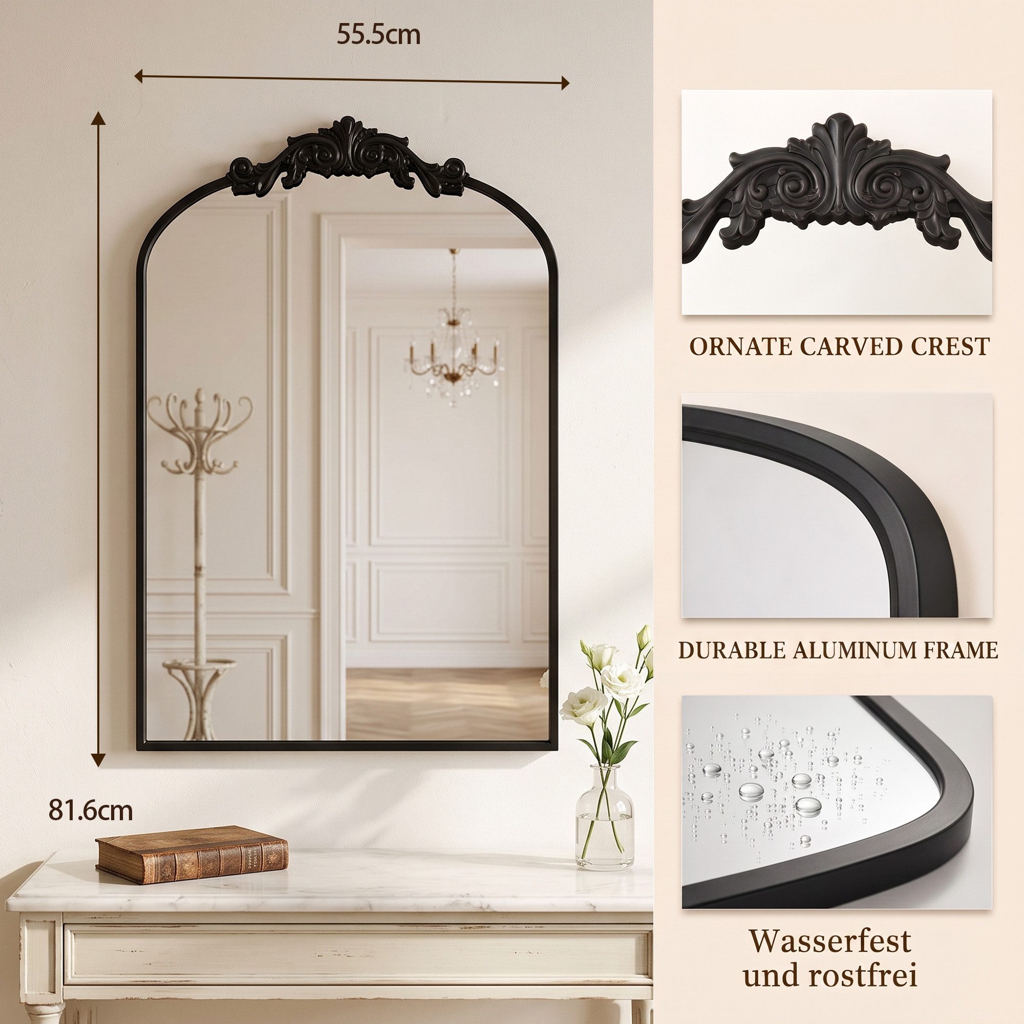 ANTOK Wandspiegel mit Rundbogen, Schwarzer Vintage-Spiegel im Barockstil (1-St), mit Metallrahmen für Wohnzimmer, Badezimmer, Kaminbereich und Flur