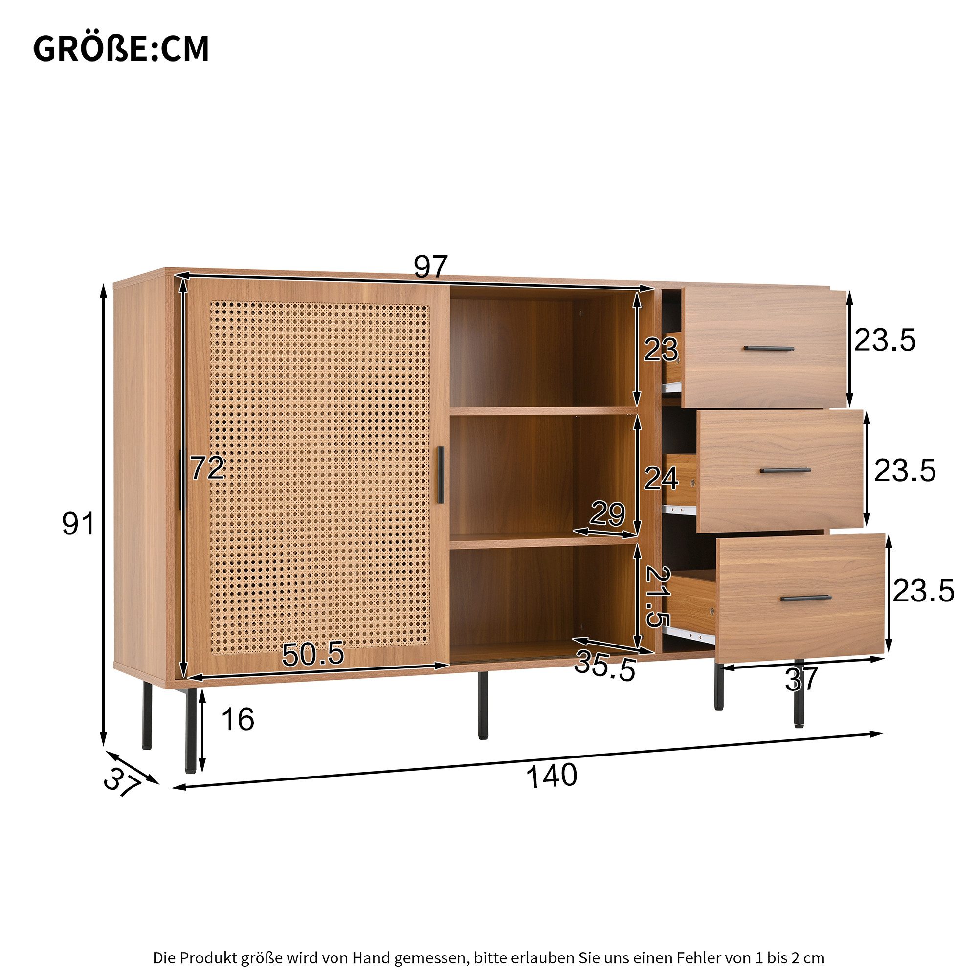 Flieks Kommode mit 2 Rattan-Schiebetüren und 3 Schubladen (Maße: B140/H91/T37 cm, 1 St., Schrank für Wohnzimmer, Schlafzimmer, Arbeitszimmer und Esszimmer), Sid – Bild 5 von 5