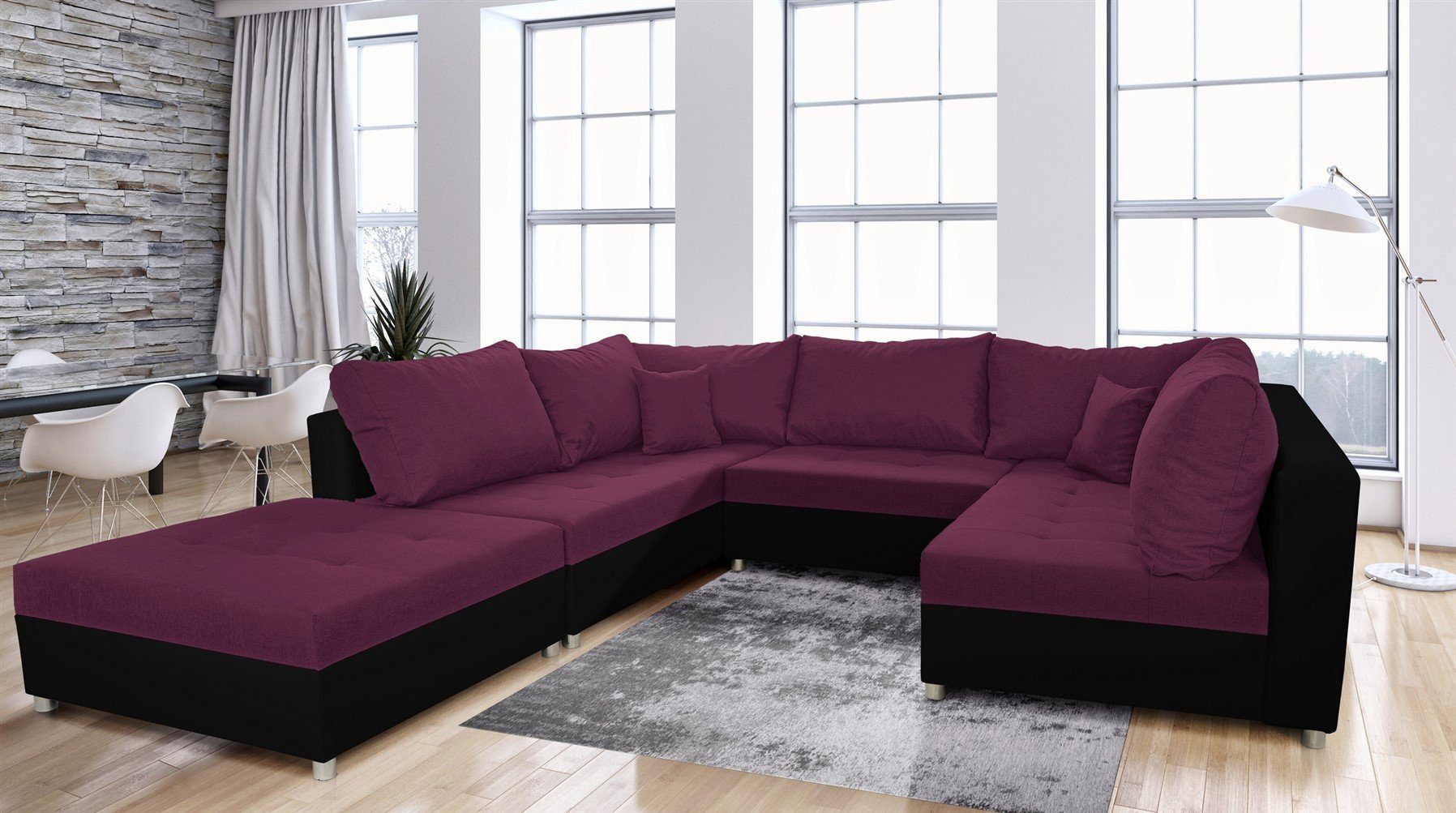 Fun Möbel Wohnlandschaft Wohnlandschaft Sofa U-Form ANDRO, Inkl. Schlaffunktion, Bettkasten und Hocker, Inkl. 2 Zierkissen und 7 Rückenkissen Schwarz-Violett