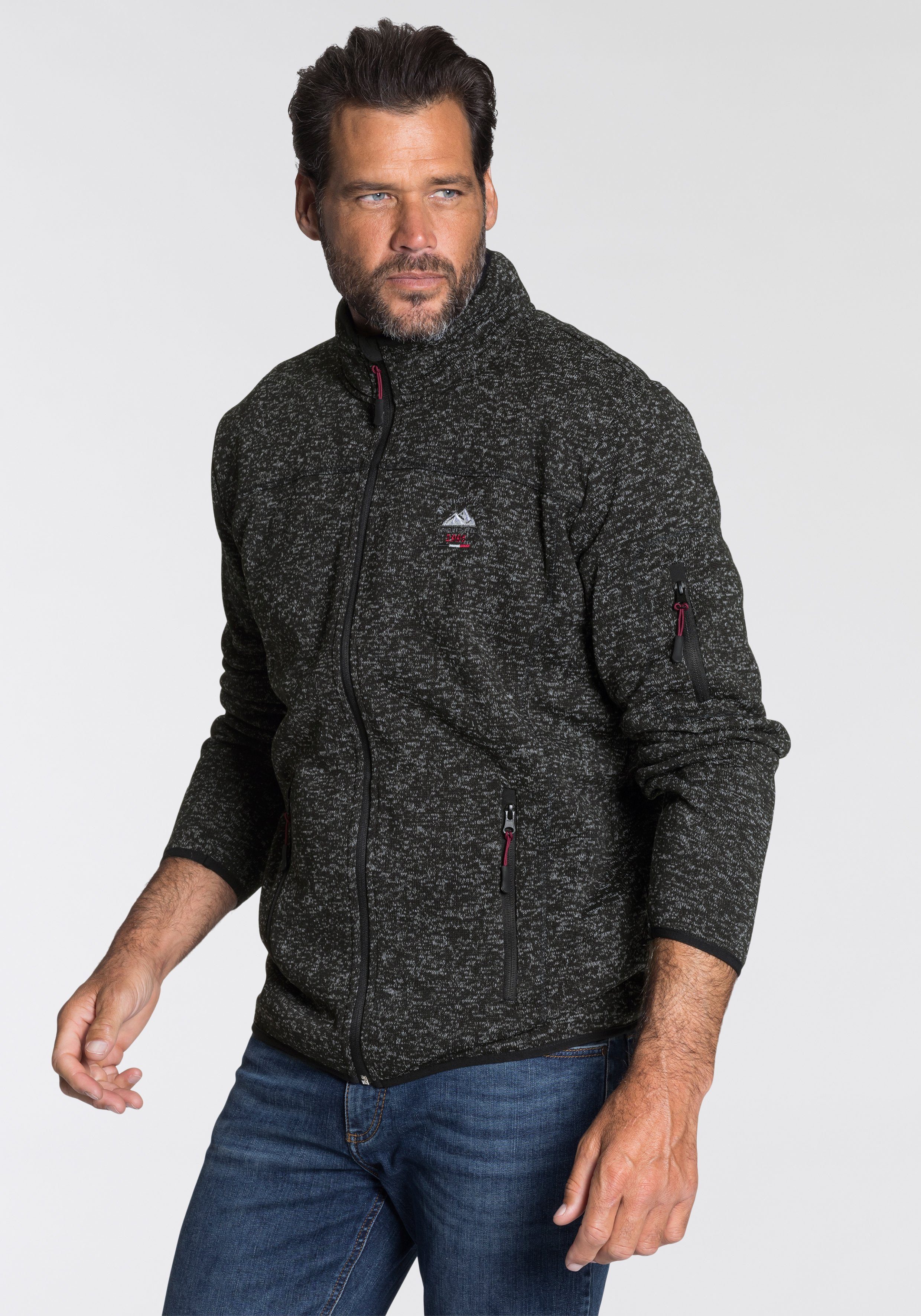 Man's World Strickfleecejacke mit modischen nachhaltigem Ziernähten meliert( Fleecejacke Material) aus schwarz