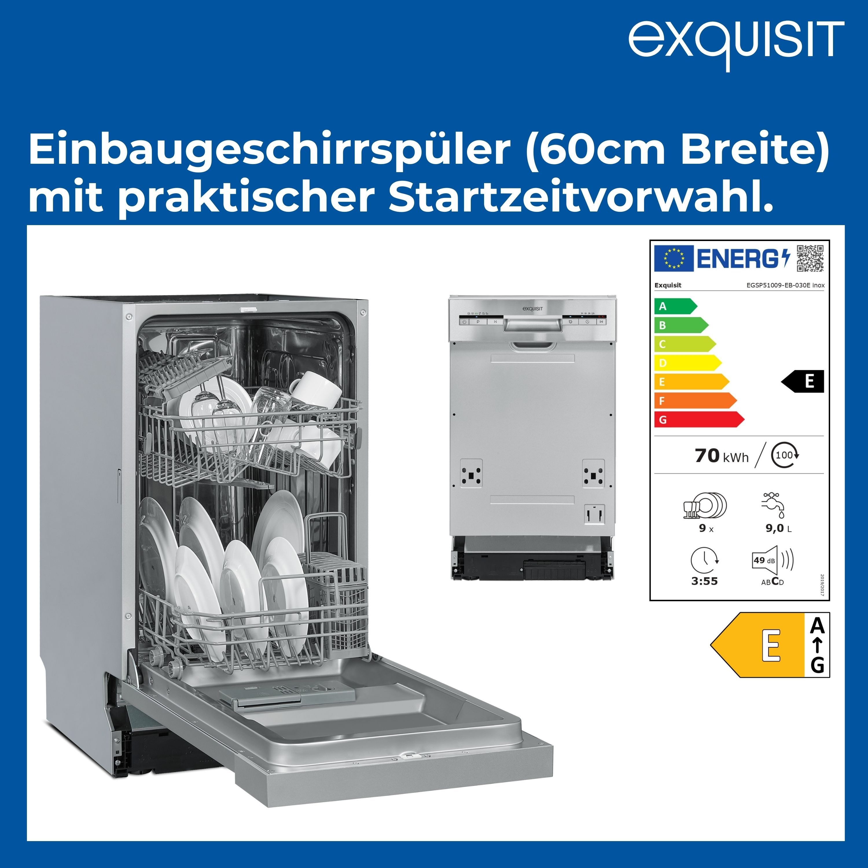exquisit teilintegrierbarer Geschirrspüler START EGSP51009-EB-030E, 9 Maßgedecke, 45cm breit, 9 Liter, Startzeitvorwahl, einfache Bedienung