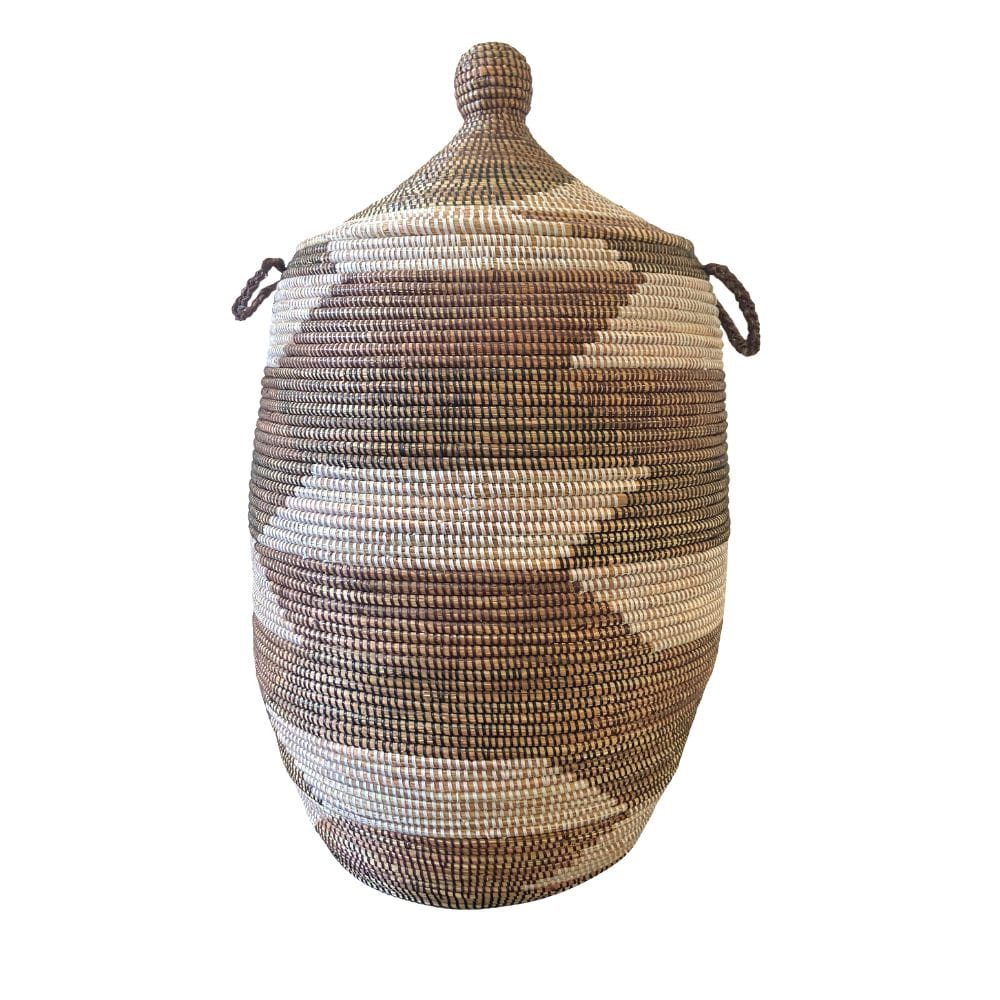Wäschekorb Wäschekorb Senegal XXL - Zick Zack - Braun/Weiß, Handgeflochtener Wäschekorb aus traditionellem Kunsthandwerk