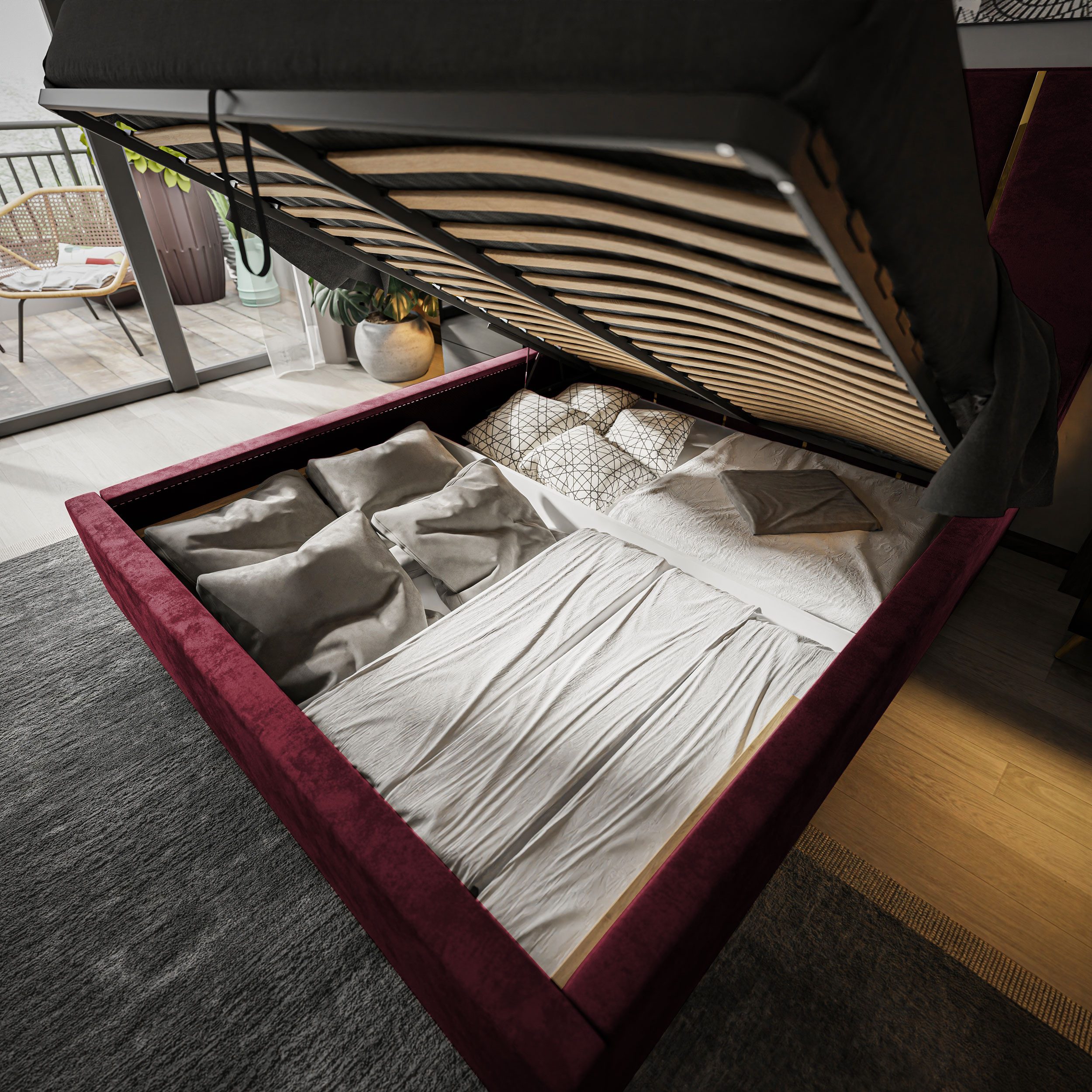 Lookway Polsterbett TIFFANY mit Bettkasten und 133 cm Kopfteil (Bett mit Metallgestell), komfortabel gepolstertes, hohes Kopfteil