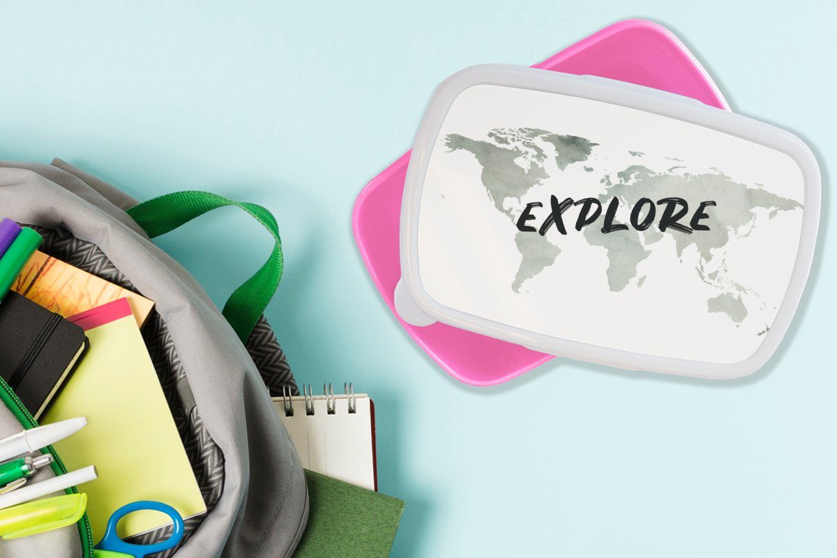 MuchoWow Lunchbox Weltkarte Brotbox - Mädchen, Erwachsene, Snackbox, rosa Kunststoff, Aquarell, (2-tlg), Kunststoff Kinder, für Zitat - Brotdose