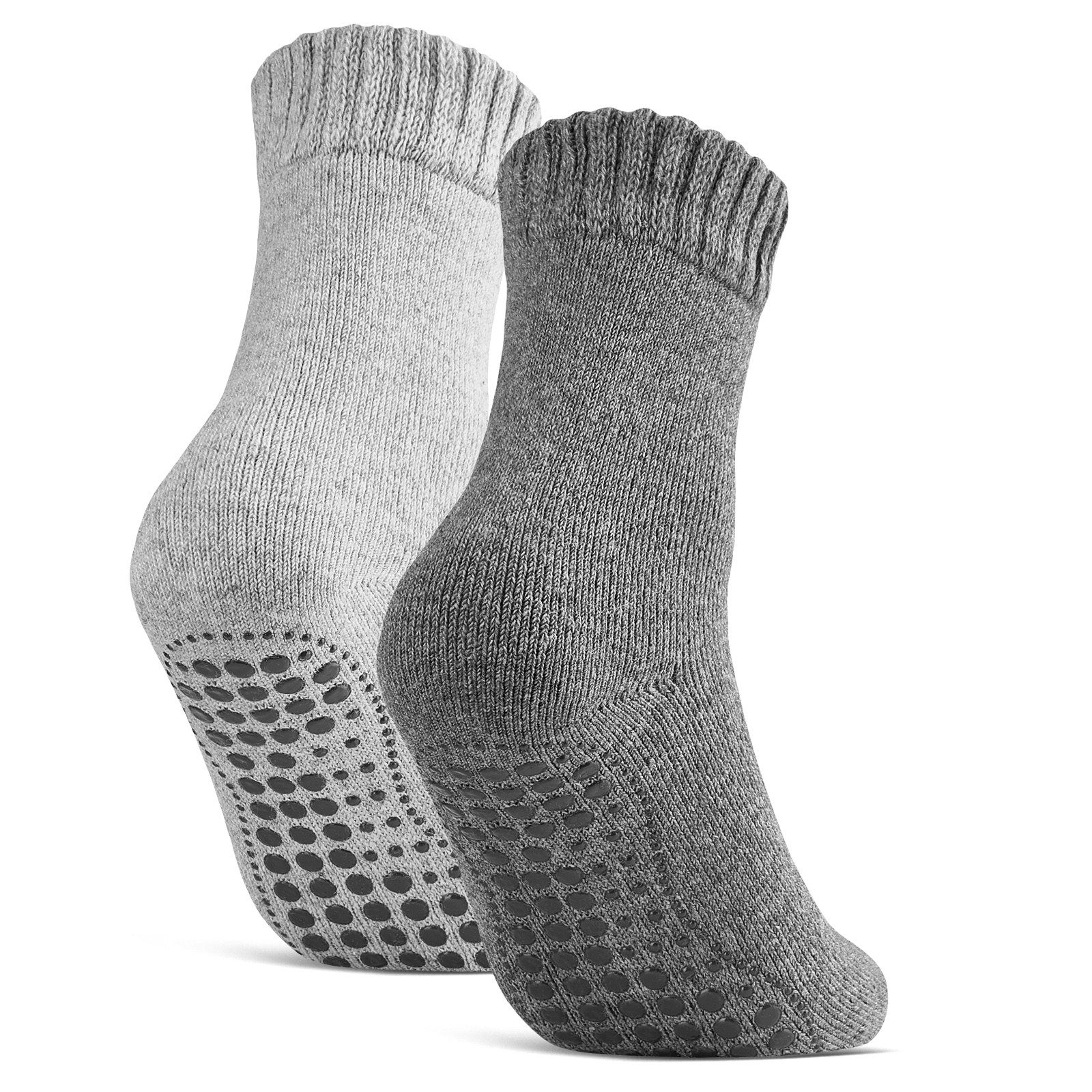 sockenkauf24 ABS-Socken Antirutschsocken warme Stoppersocken mit Wolle Vollfrottee (Grau/Anthrazit, 2-Paar, 43-46) mit Komfortbund für Damen & Herren - 21463