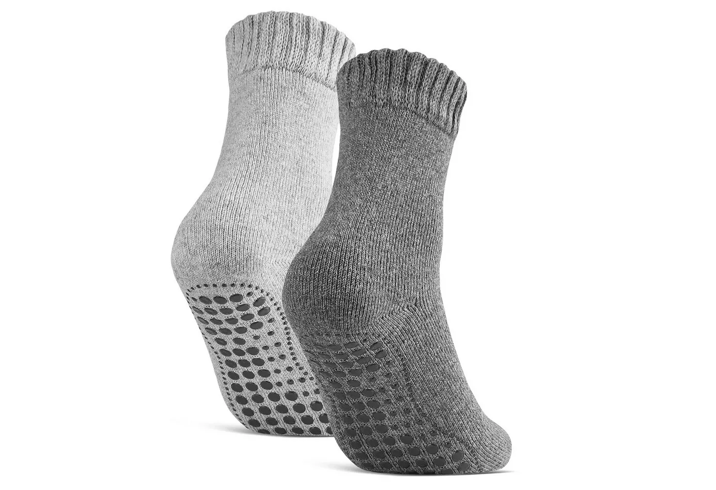 sockenkauf24 ABS-Socken Antirutschsocken warme Stoppersocken mit Wolle Vollfrottee (Grau/Anthrazit, 2-Paar, 43-46) mit Komfortbund für Damen & Herren - 21463