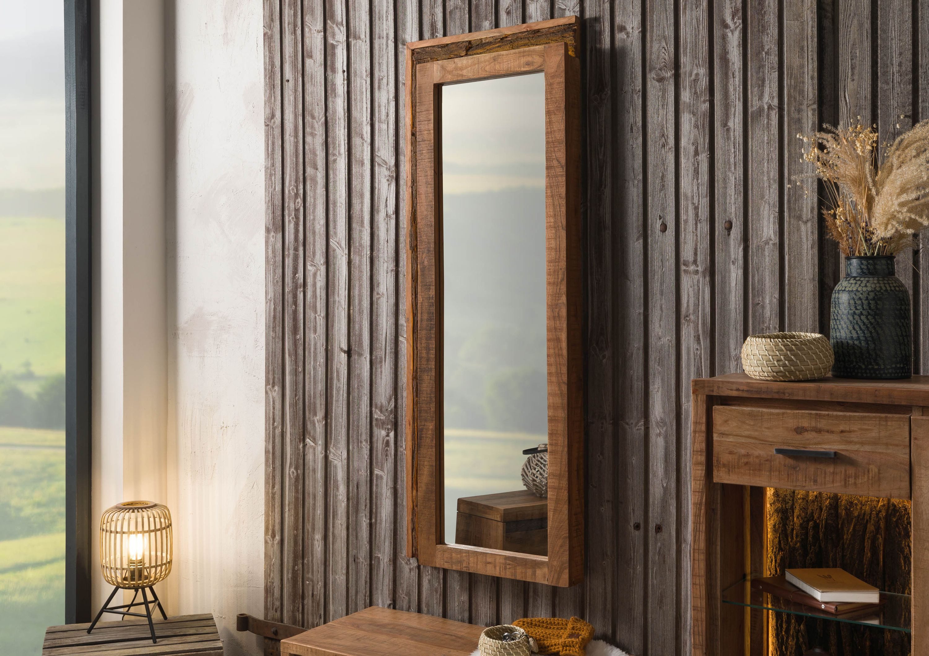 Massivmoebel24 Spiegel (1-St., Akazie 56x8x150 natur lackiert BARK #122), Akazie 56x8x150 natur lackiert BARK #122