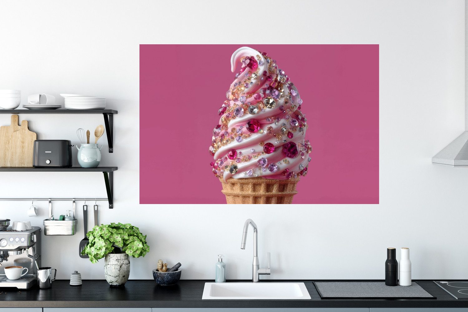 MuchoWow Wandsticker Softeis - Edelsteine - Rosa - Waffel (1 St), Wanddeko, Aufkleber, Wandtattoo, 120x80 cm