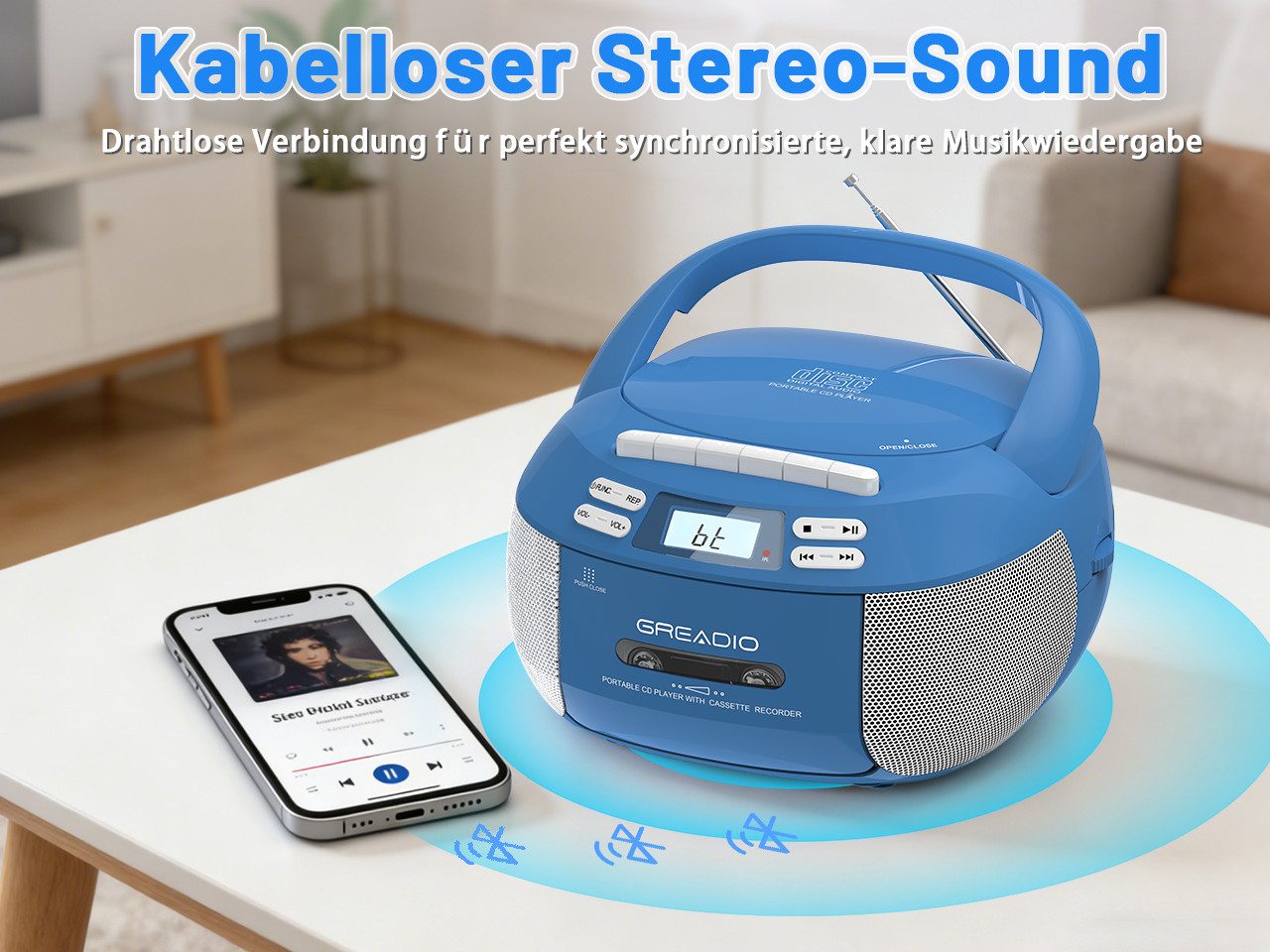 Greadio X2A Tragbarer CD-Player Kassettenrekorder mit Bluetooth FM Radio, blau tragbarer CD-Player (Bluetooth)