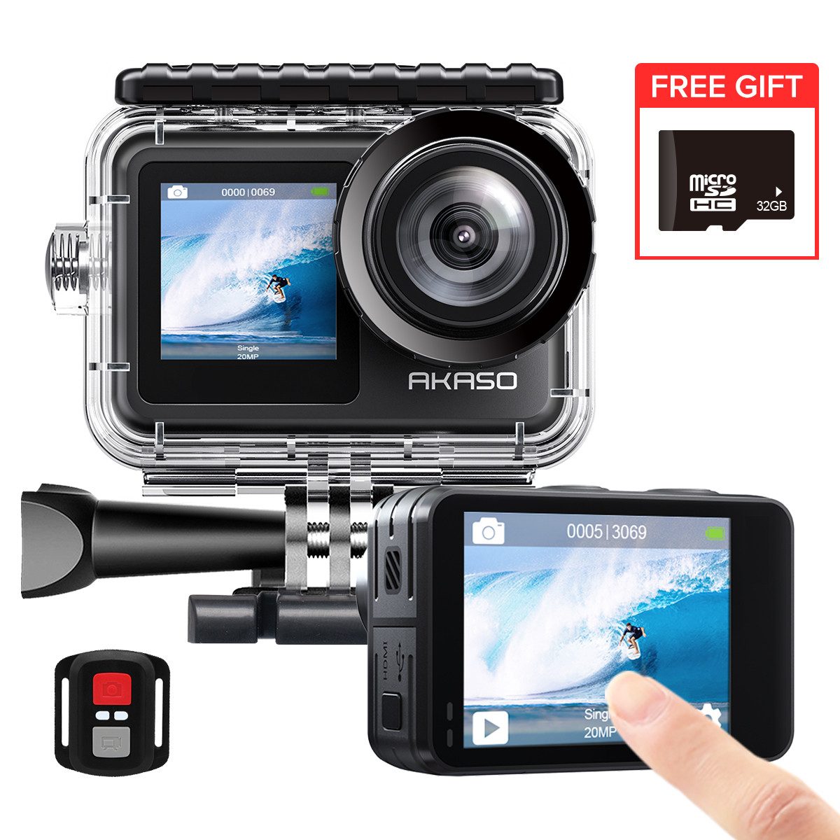 Akaso 4K30FPS, 20MP, IPX7 40M Wasserdicht, Action Cam (IEEE 802, El5 2.0 Touchscreen Dual WiFii mit 32G Speicherkarte - Brave 7 LE)